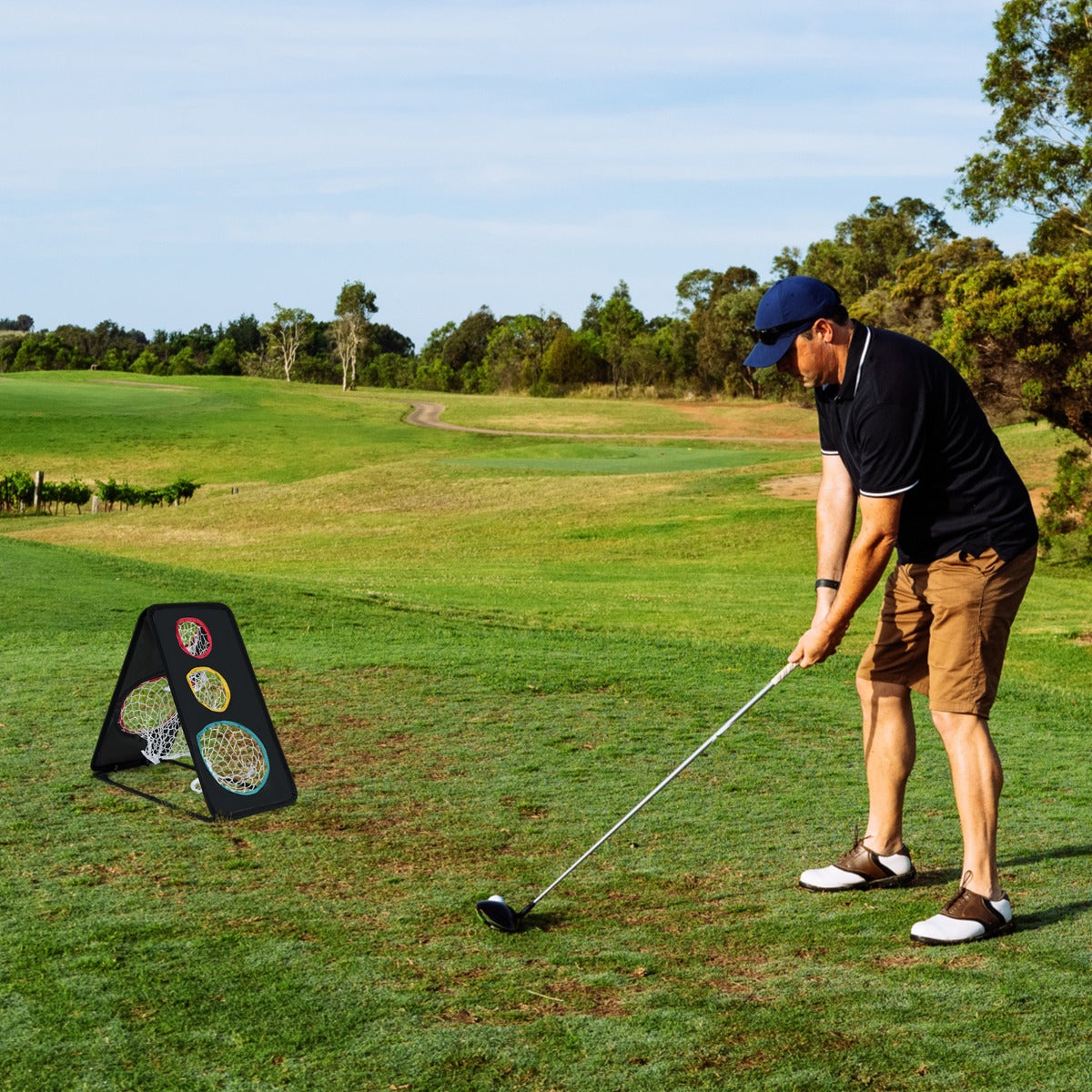 Dual-Sided Golf Chipping Net with 5 Target Holes and Triangular Structure