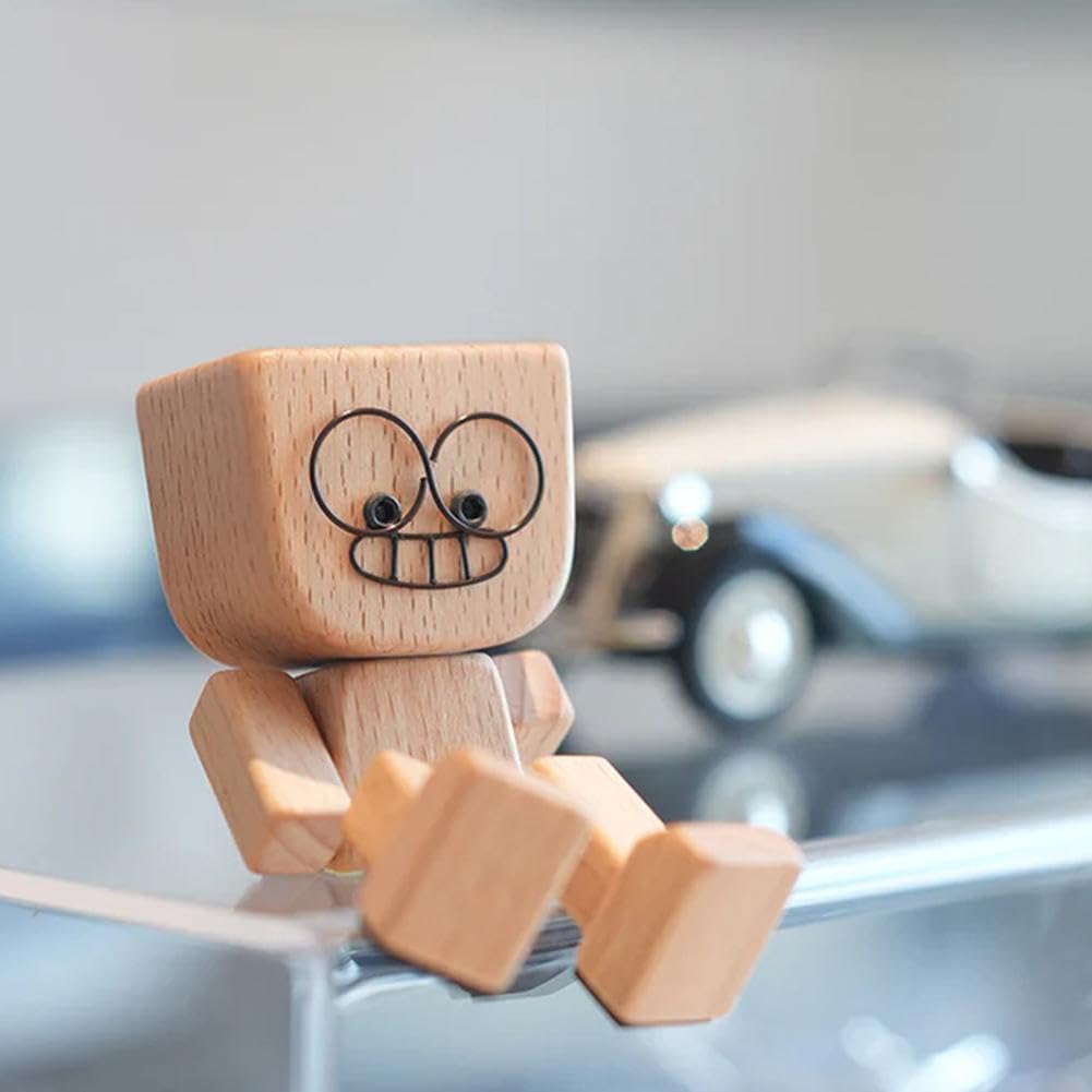 DUARIHA Shaking Wooden Man Figurine — 12 Magnetic Expressions for Car & Desk Decor