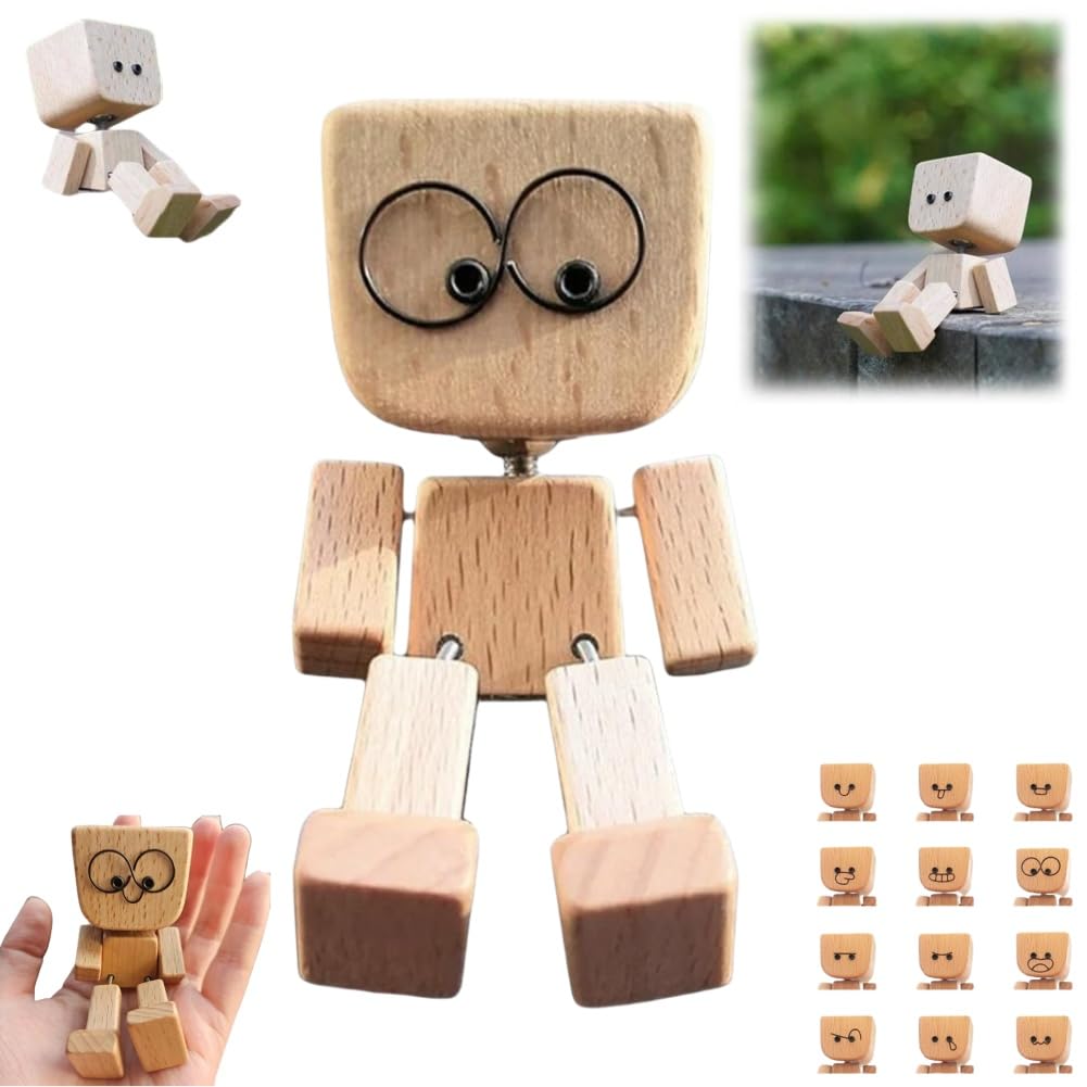 DUARIHA Shaking Wooden Man Figurine — 12 Magnetic Expressions for Car & Desk Decor
