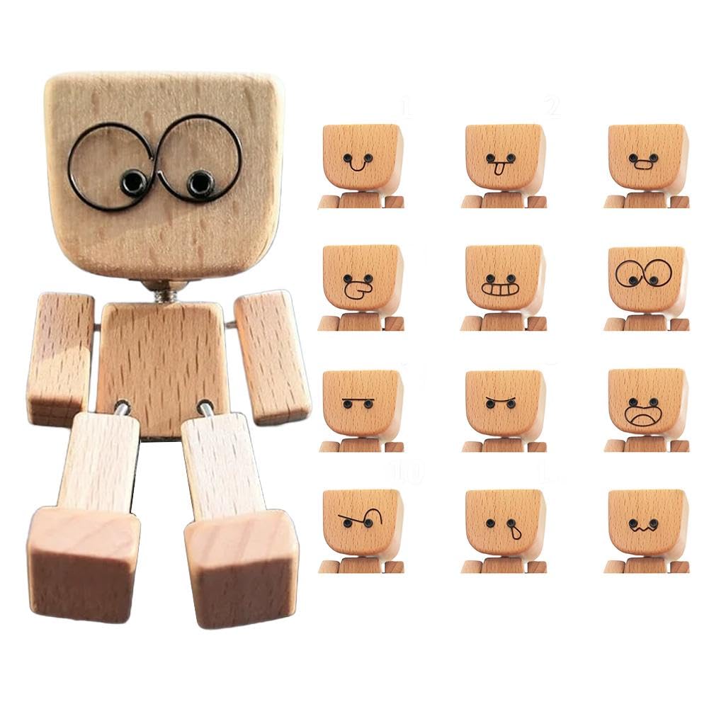 DUARIHA Shaking Wooden Man Figurine — 12 Magnetic Expressions for Car & Desk Decor