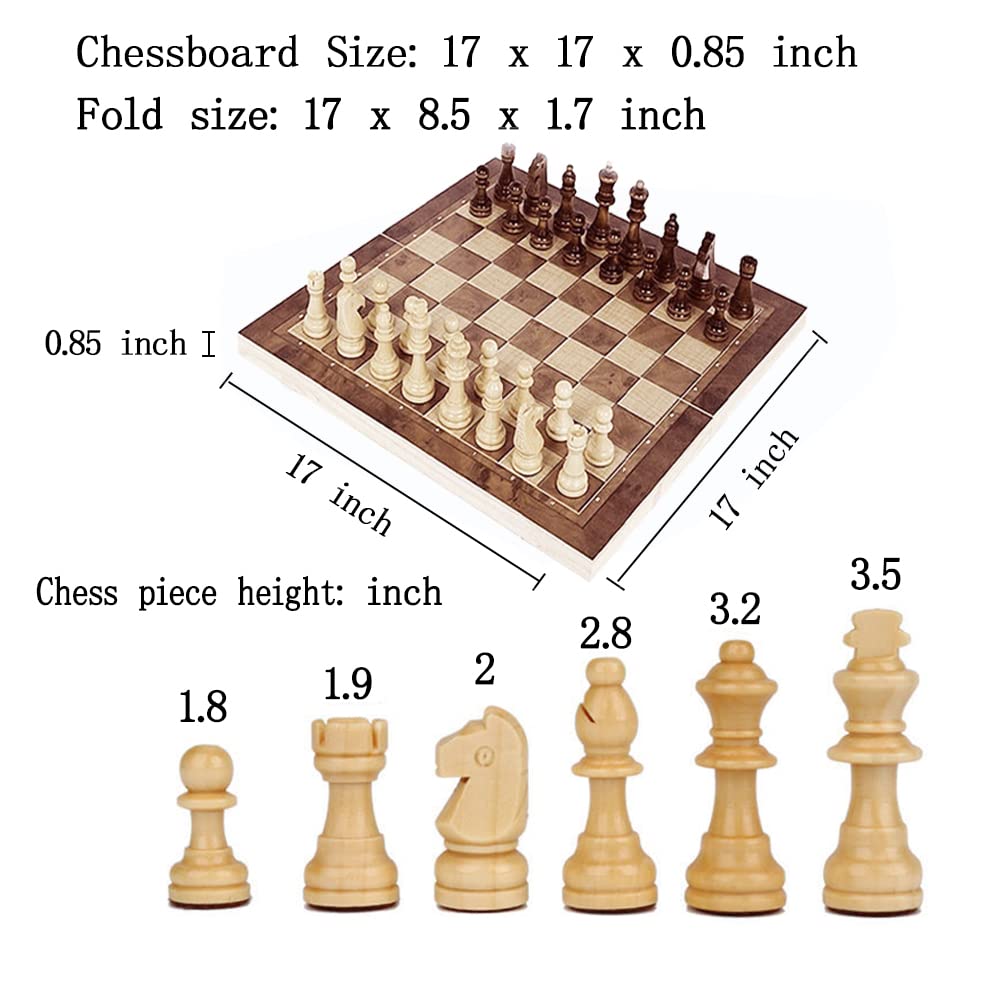 DUBSTAR 17-Inch Wooden Chess Set with Folding Storage — 3-in-1 Board (Chess, Backgammon, Checkers)