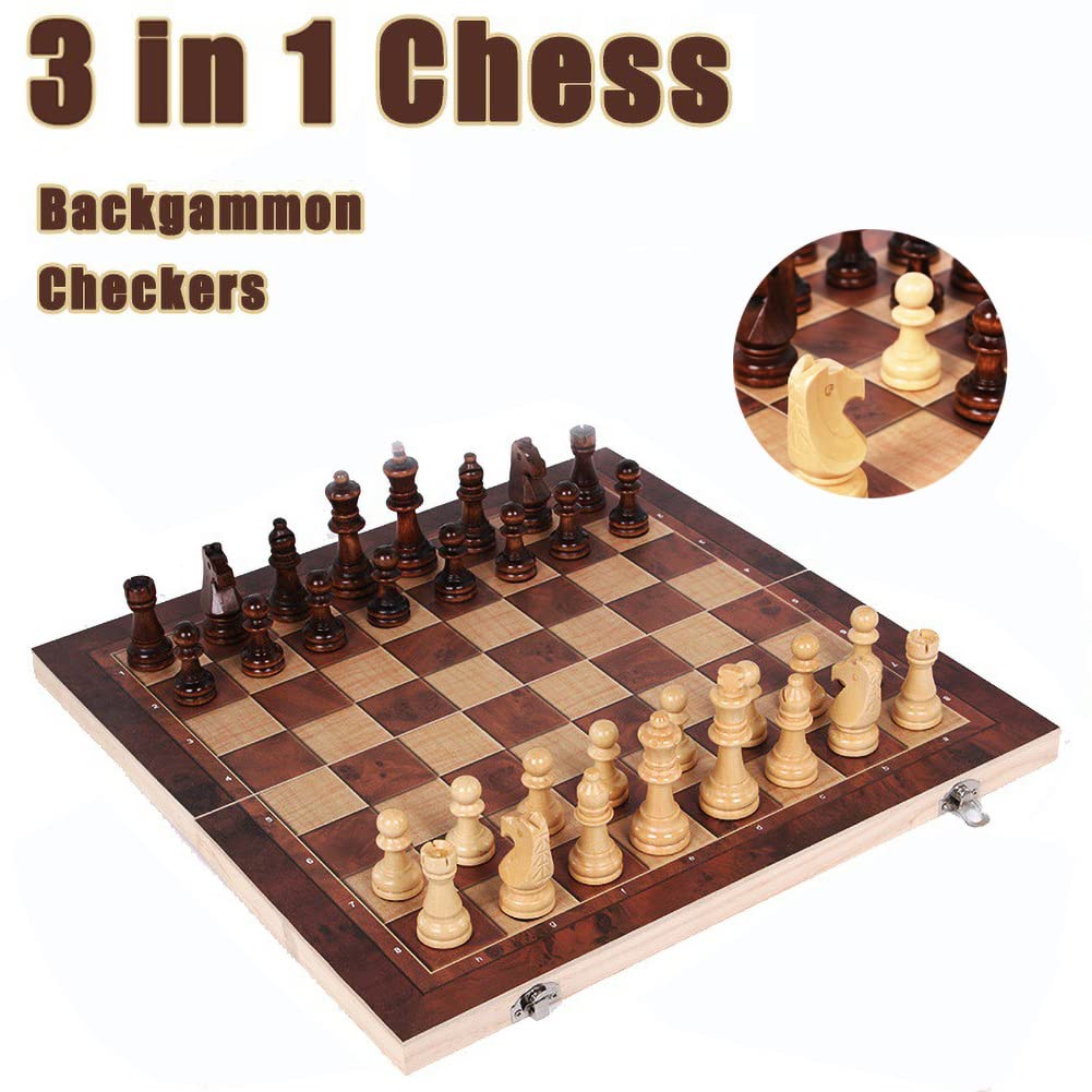 DUBSTAR 17-Inch Wooden Chess Set with Folding Storage — 3-in-1 Board (Chess, Backgammon, Checkers)