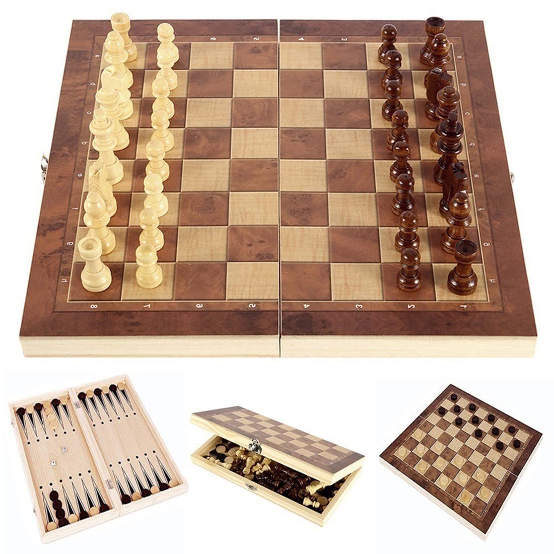 DUBSTAR 17-Inch Wooden Chess Set with Folding Storage — 3-in-1 Board (Chess, Backgammon, Checkers)