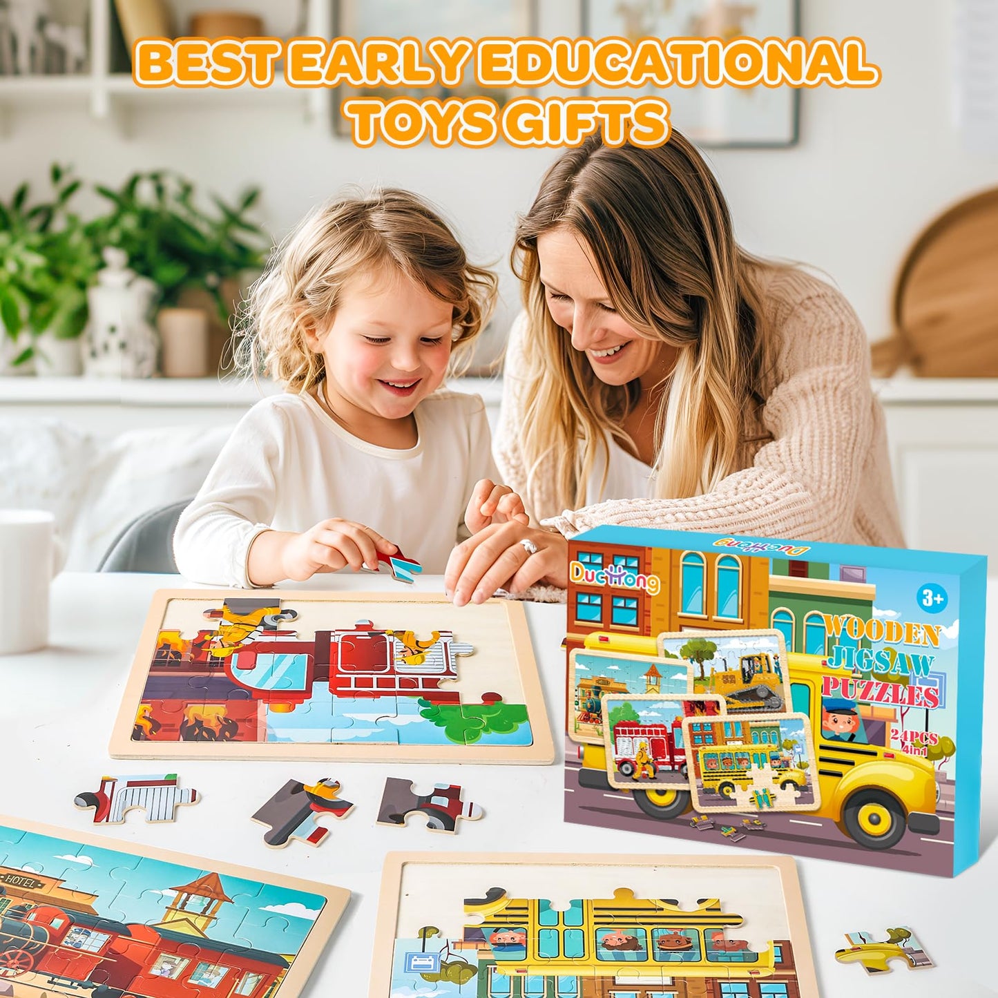 Duchong Wooden Jigsaw Puzzles for Kids 4-6 — 4 Pack, 24 Pcs, Vehicle Theme