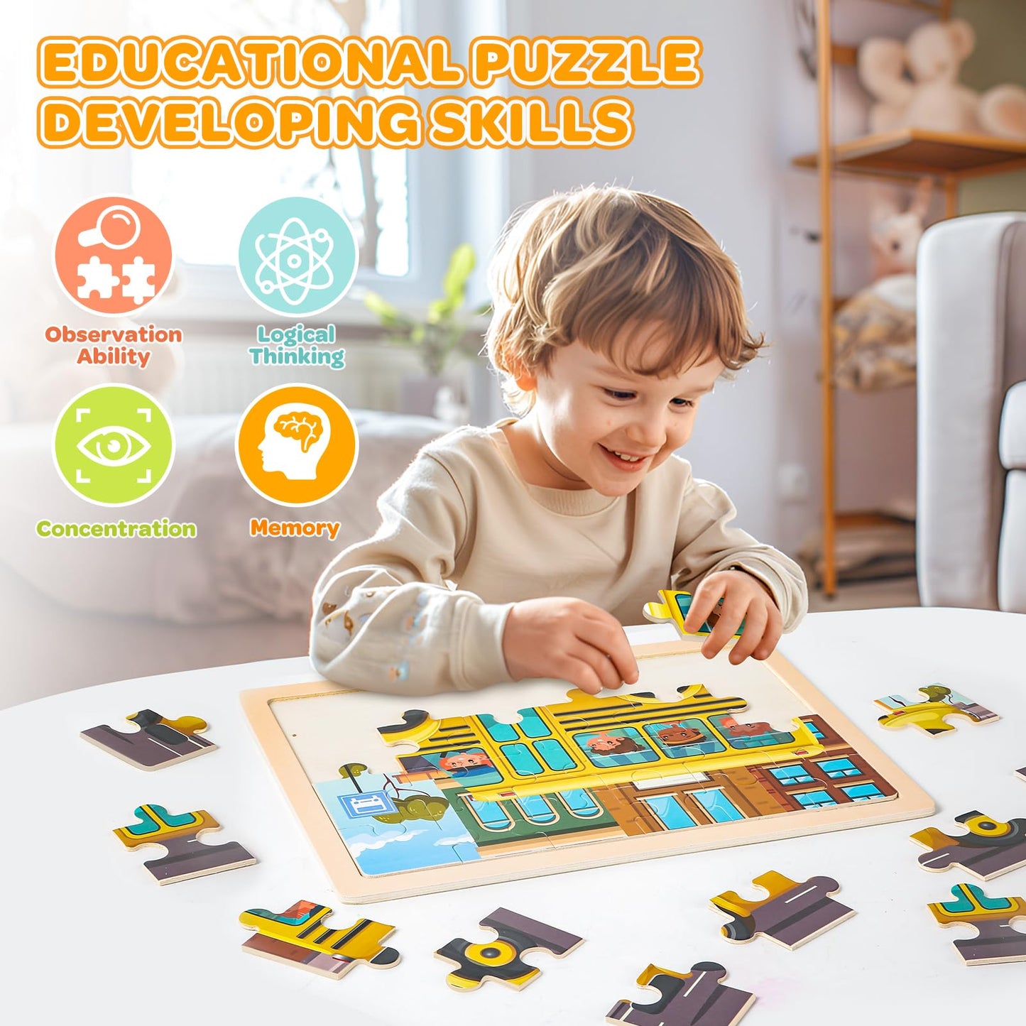 Duchong Wooden Jigsaw Puzzles for Kids 4-6 — 4 Pack, 24 Pcs, Vehicle Theme