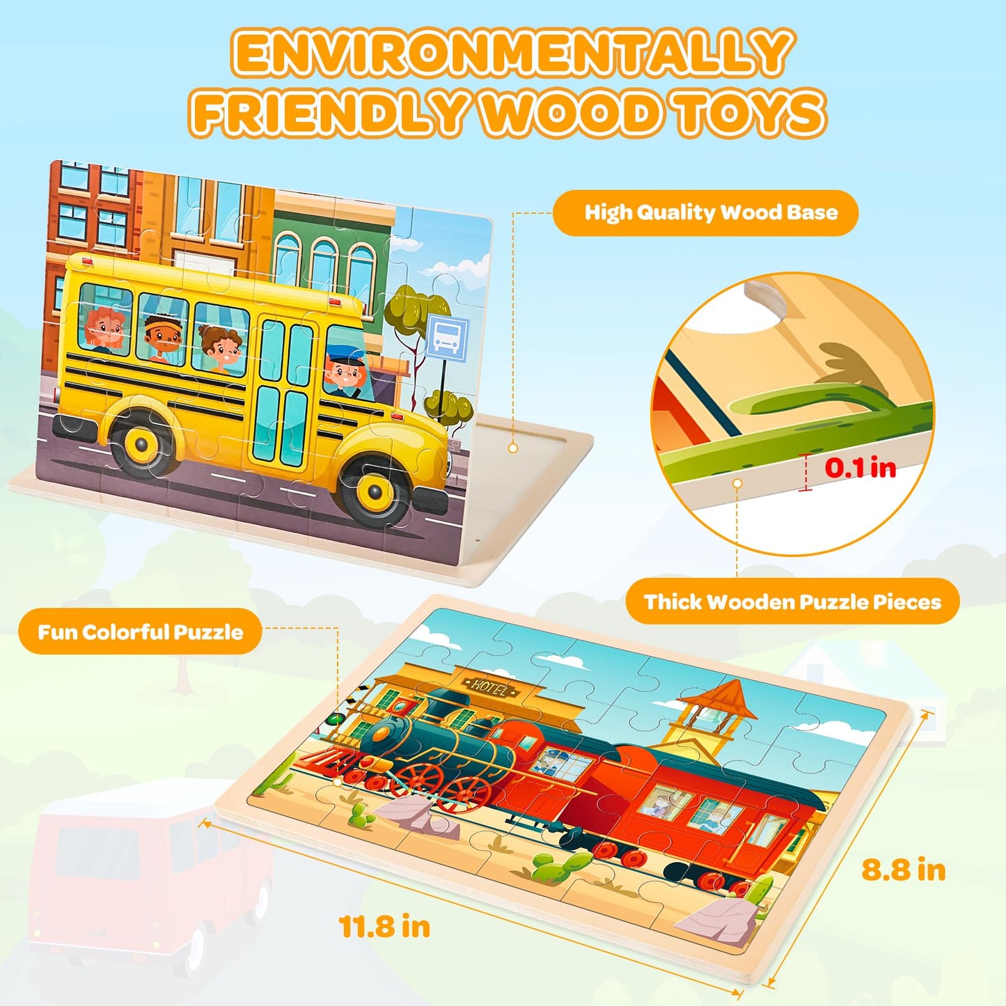 Duchong Wooden Jigsaw Puzzles for Kids 4-6 — 4 Pack, 24 Pcs, Vehicle Theme