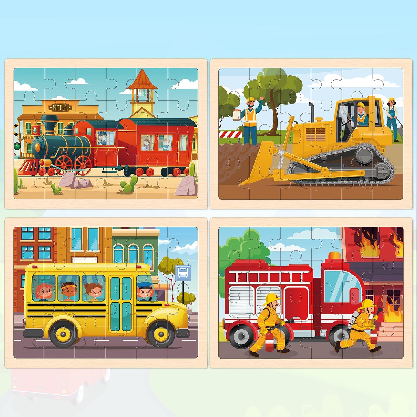 Duchong Wooden Jigsaw Puzzles for Kids 4-6 — 4 Pack, 24 Pcs, Vehicle Theme