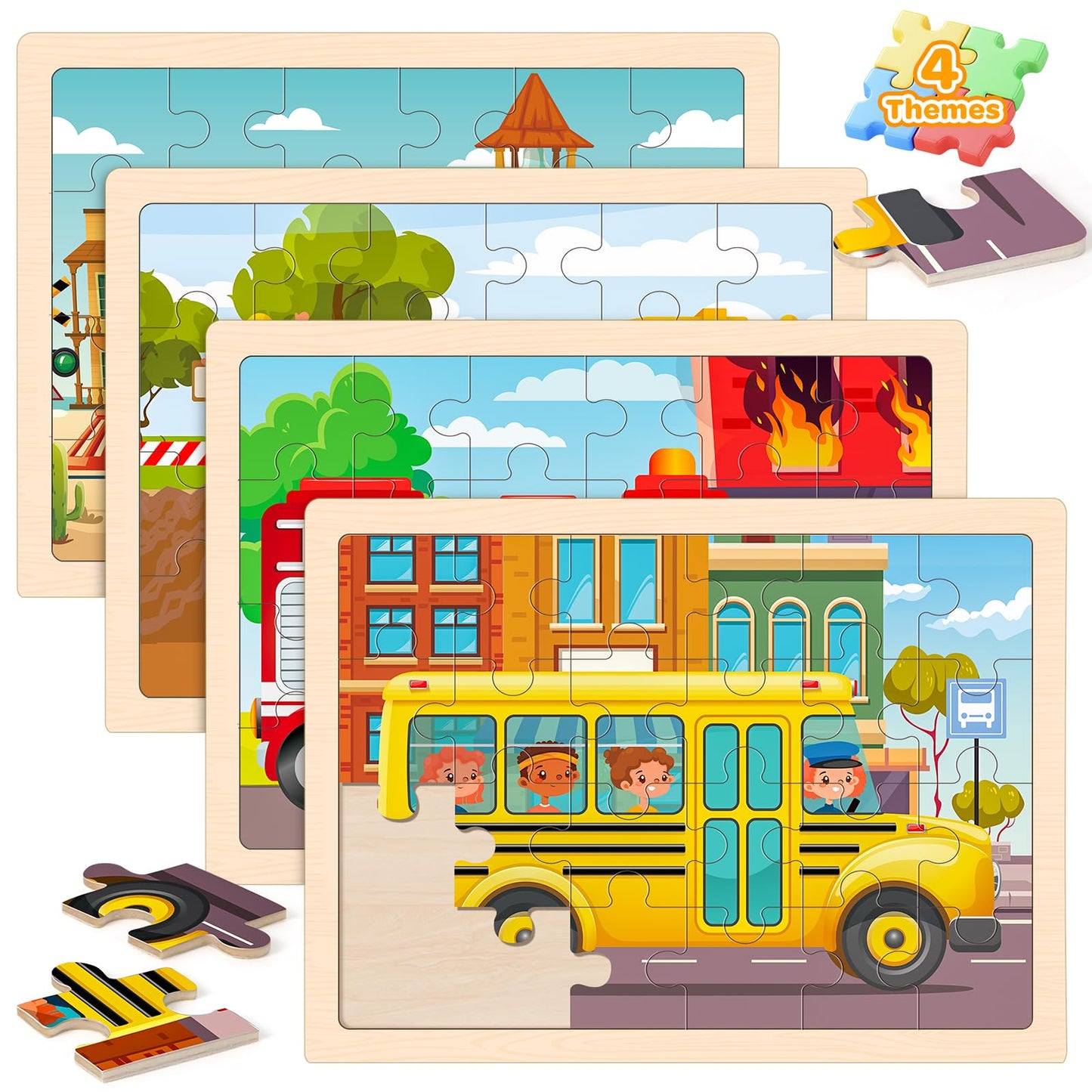 Duchong Wooden Jigsaw Puzzles for Kids 4-6 — 4 Pack, 24 Pcs, Vehicle Theme