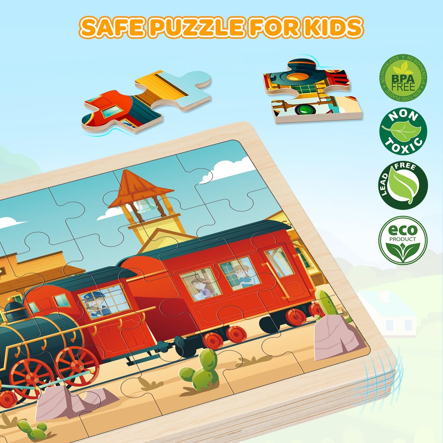 Duchong Wooden Jigsaw Puzzles for Kids 4-6 — 4 Pack, 24 Pcs, Vehicle Theme