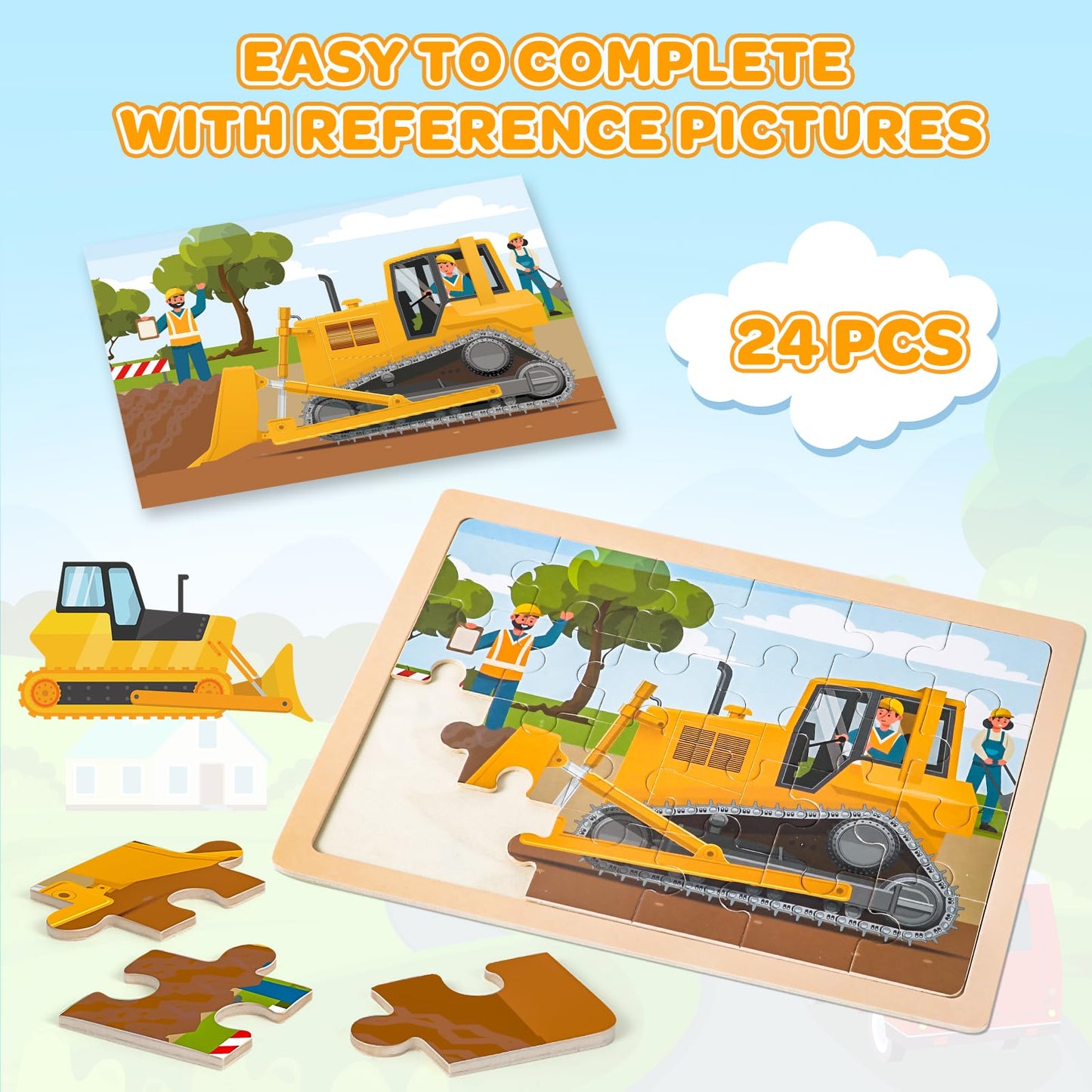 Duchong Wooden Jigsaw Puzzles for Kids 4-6 — 4 Pack, 24 Pcs, Vehicle Theme
