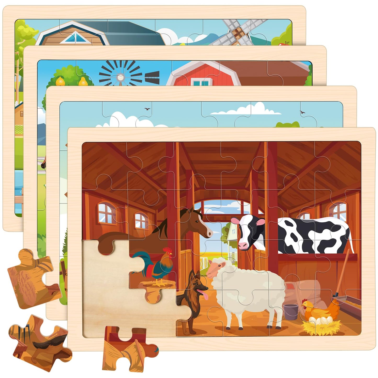 Duchong 4-in-1 Farm Wooden Puzzles for Kids | 24-Piece Jigsaw Set