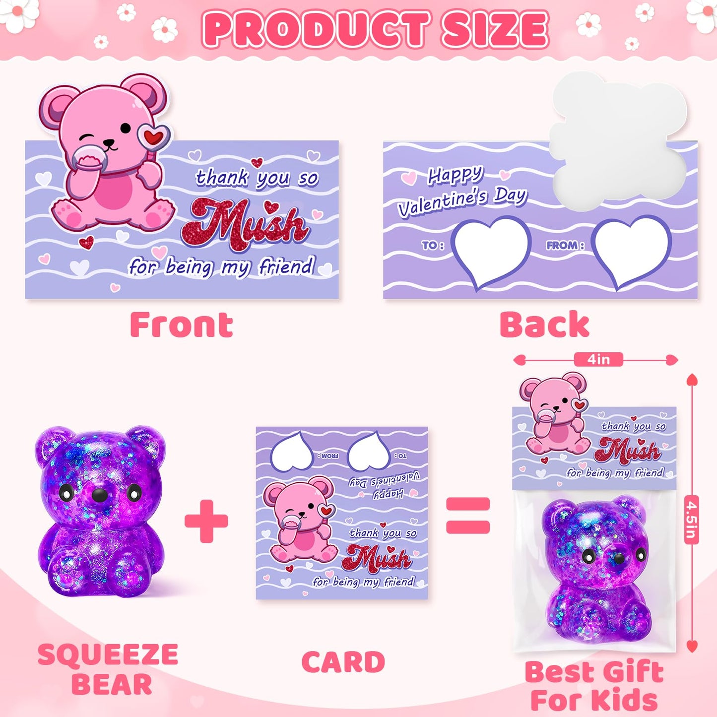 Duchong Valentines Day Cards for Kids – 24-Pack Bear Cards & Squeeze Bear Toys