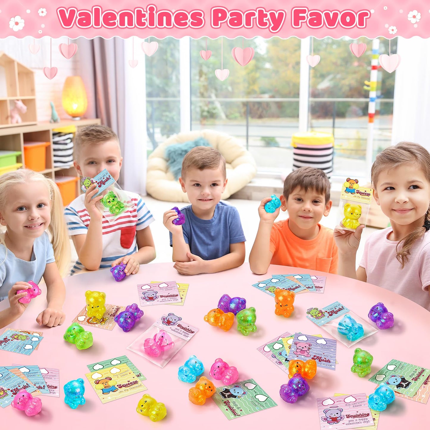 Duchong Valentines Day Cards for Kids – 24-Pack Bear Cards & Squeeze Bear Toys