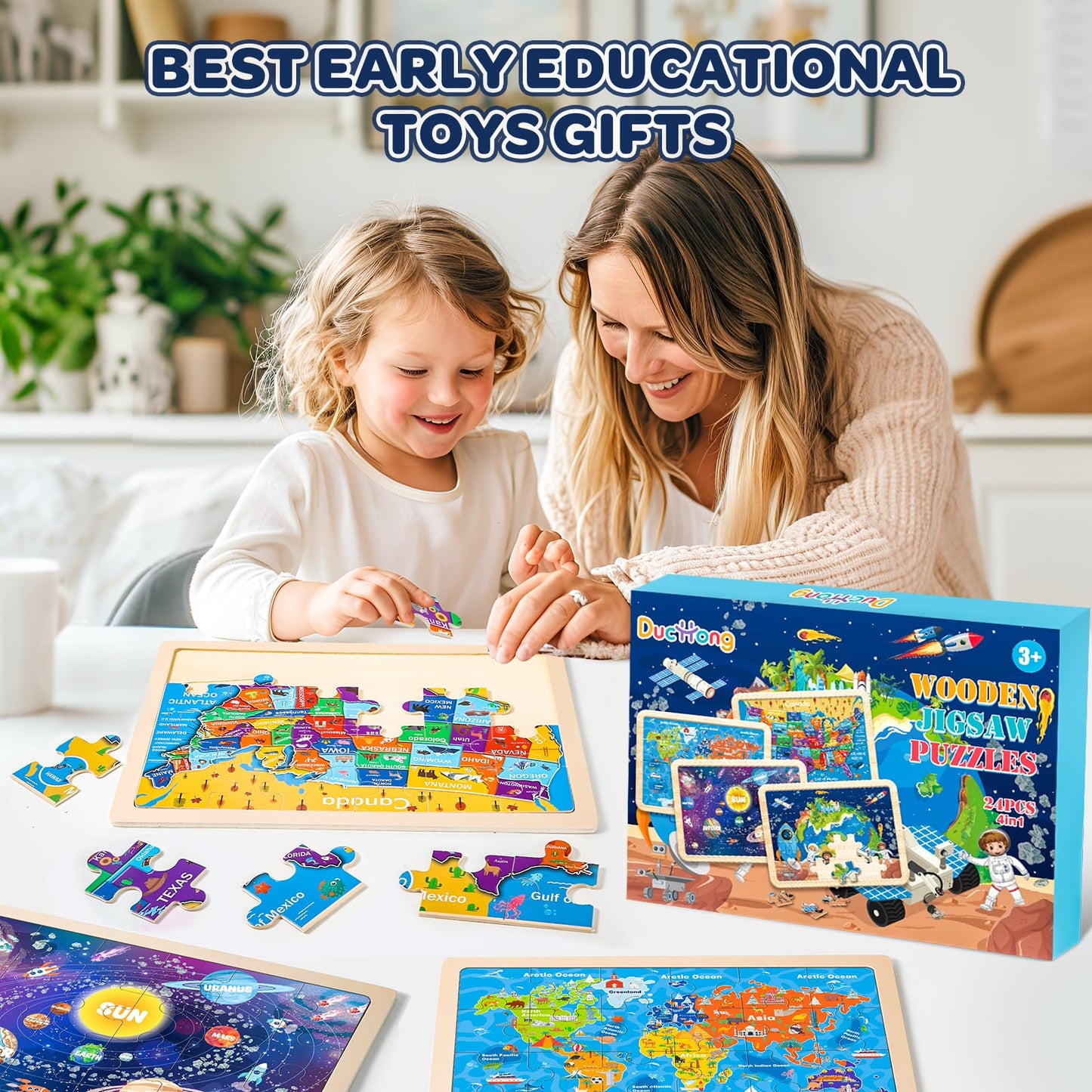 Duchong 4-Pack Wooden Puzzles for Kids 4–6 | USA Map, World Map, Earth & Solar System (24 Pcs)