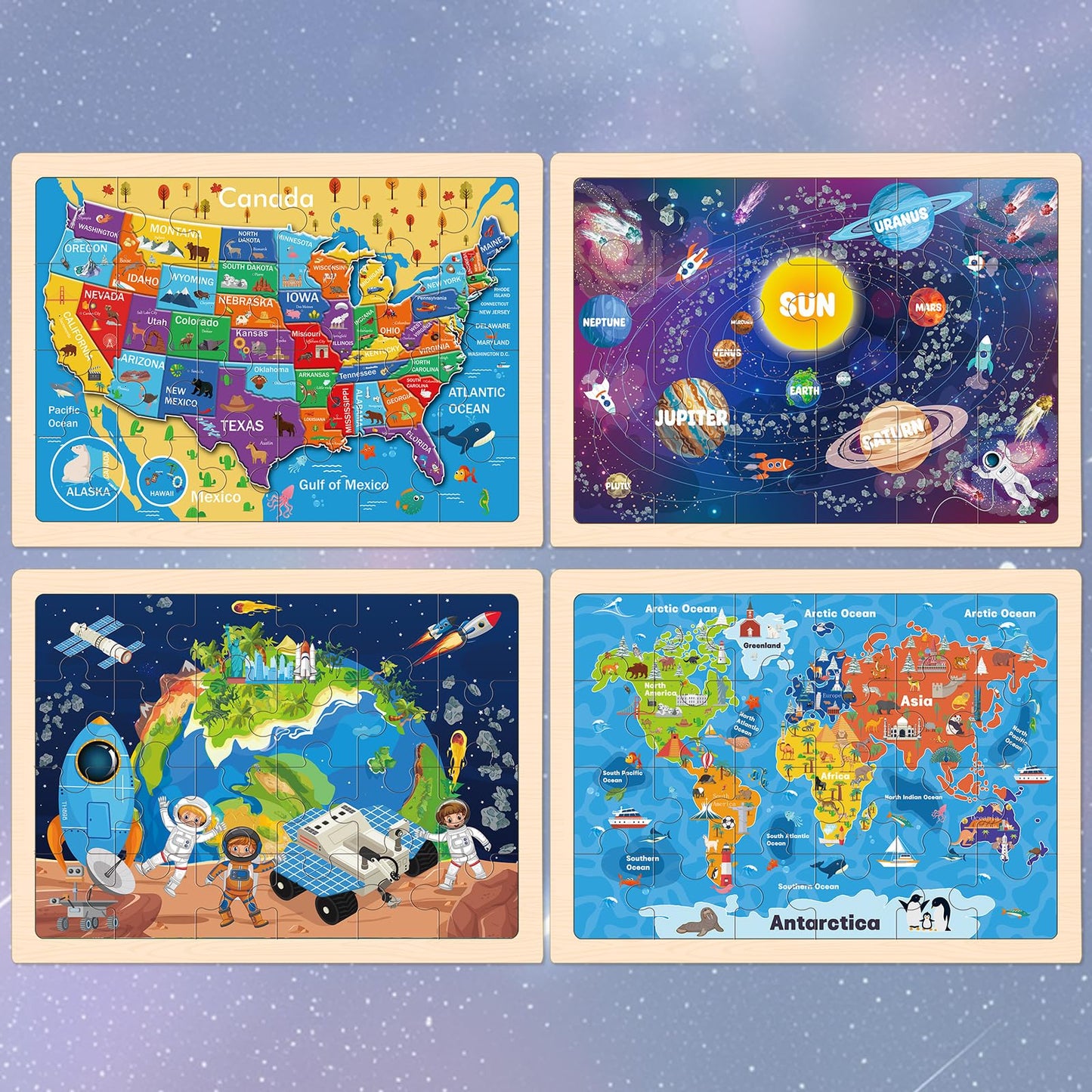 Duchong 4-Pack Wooden Puzzles for Kids 4–6 | USA Map, World Map, Earth & Solar System (24 Pcs)