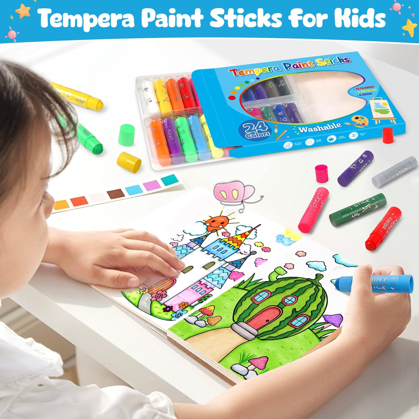 Duchong Tempera Paint Sticks – 24 Washable Colors for Kids, Quick-Dry Art Supplies