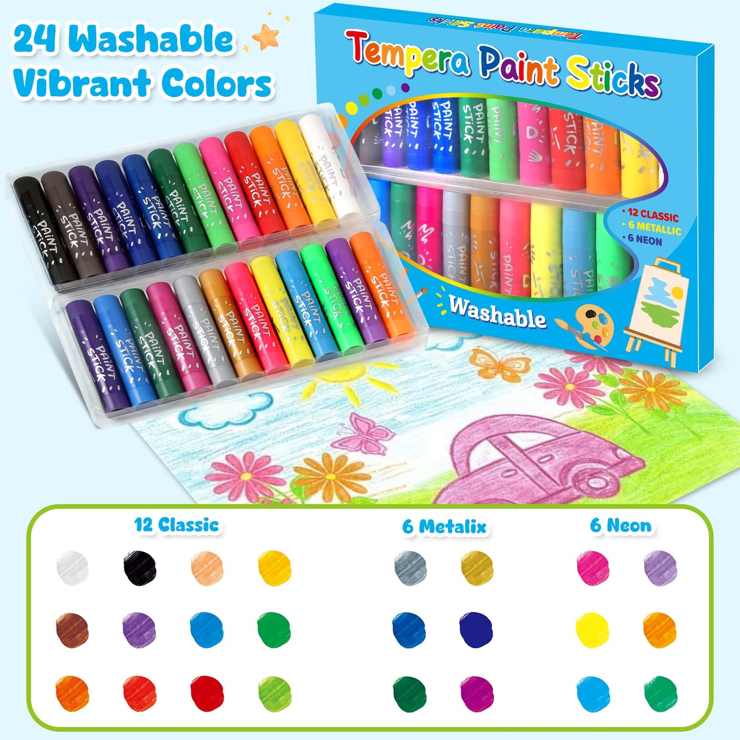Duchong Tempera Paint Sticks – 24 Washable Colors for Kids, Quick-Dry Art Supplies