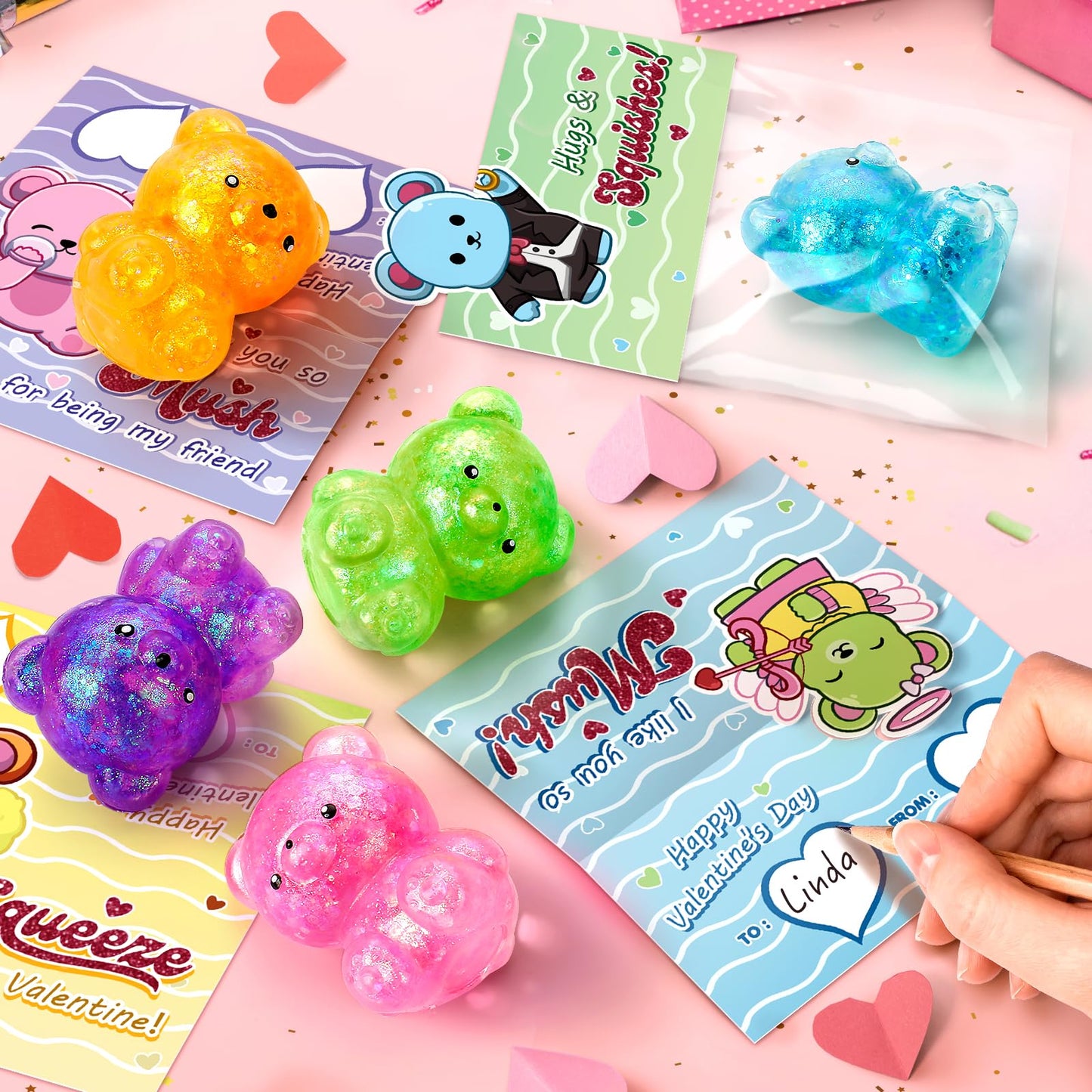 Duchong Valentines Day Cards for Kids – 24-Pack Bear Cards & Squeeze Bear Toys