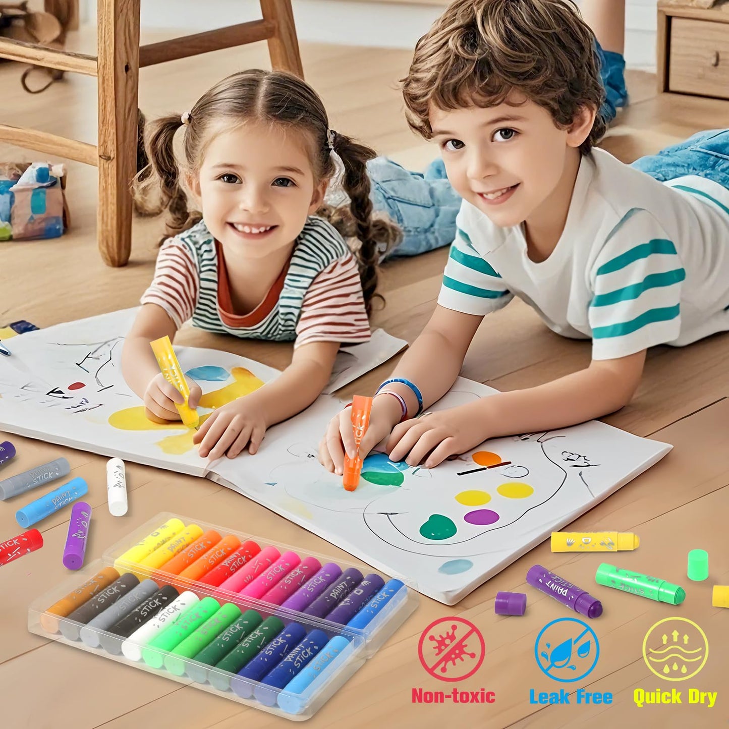 Duchong Tempera Paint Sticks – 24 Washable Colors for Kids, Quick-Dry Art Supplies