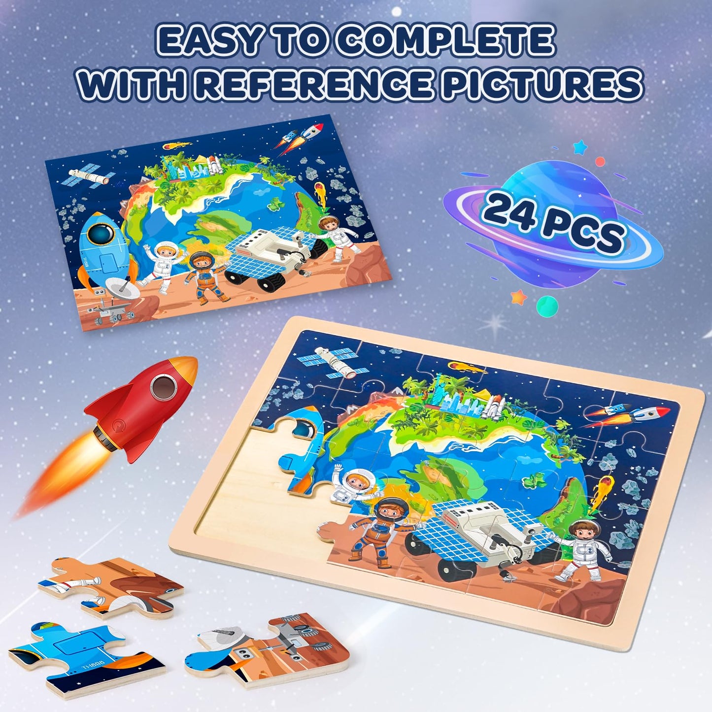 Duchong 4-Pack Wooden Puzzles for Kids 4–6 | USA Map, World Map, Earth & Solar System (24 Pcs)