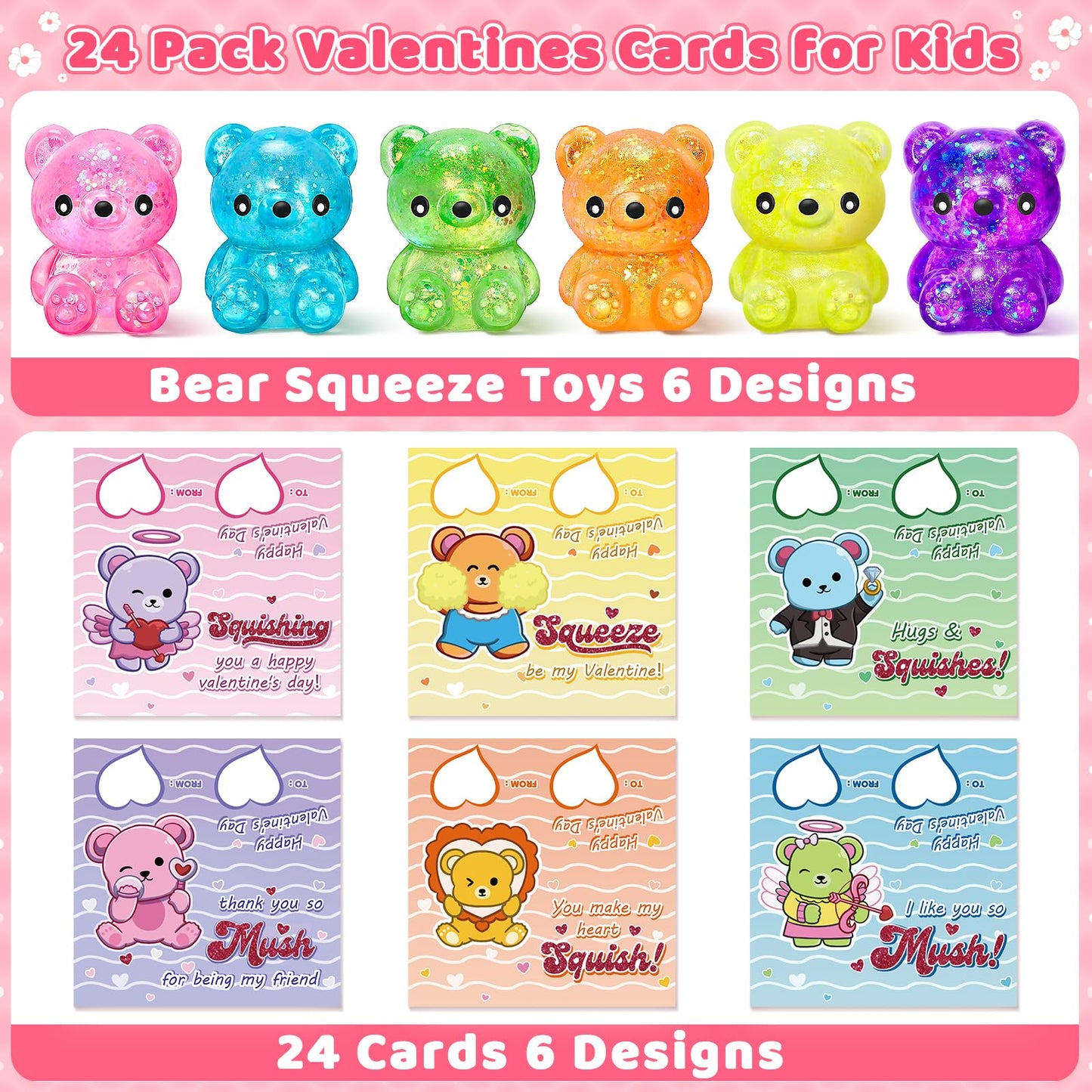 Duchong Valentines Day Cards for Kids – 24-Pack Bear Cards & Squeeze Bear Toys