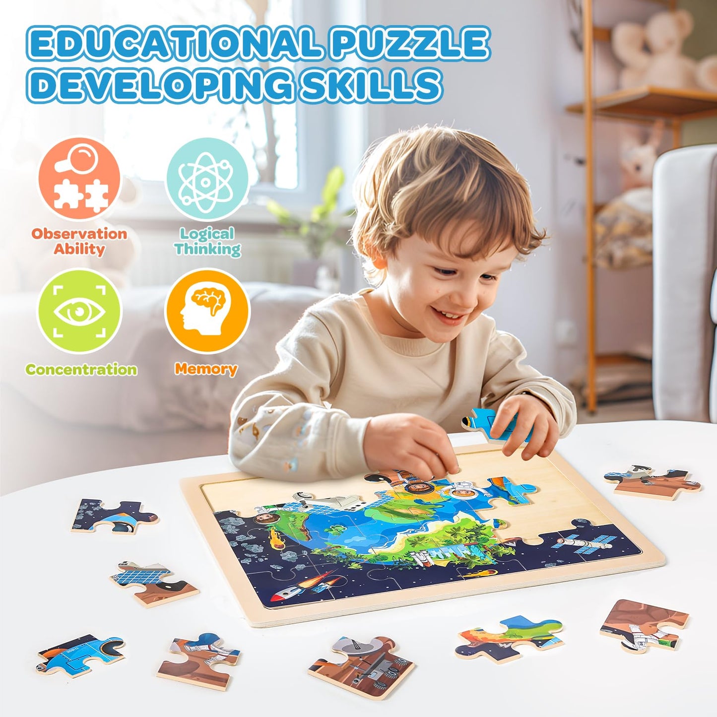 Duchong 4-Pack Wooden Puzzles for Kids 4–6 | USA Map, World Map, Earth & Solar System (24 Pcs)