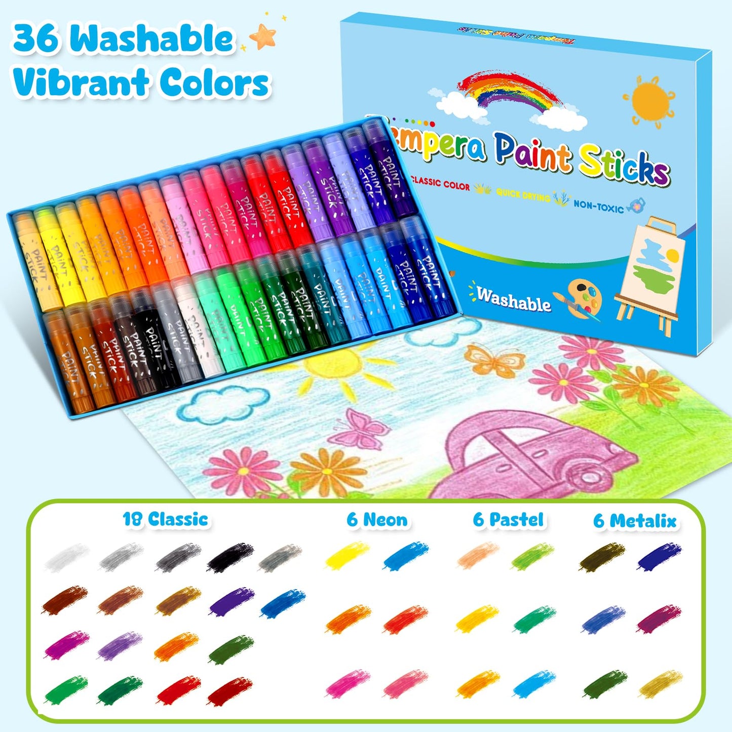 DUCHONG Tempera Paint Sticks for Kids – 36 Colors, Washable, Quick-Dry Art Set