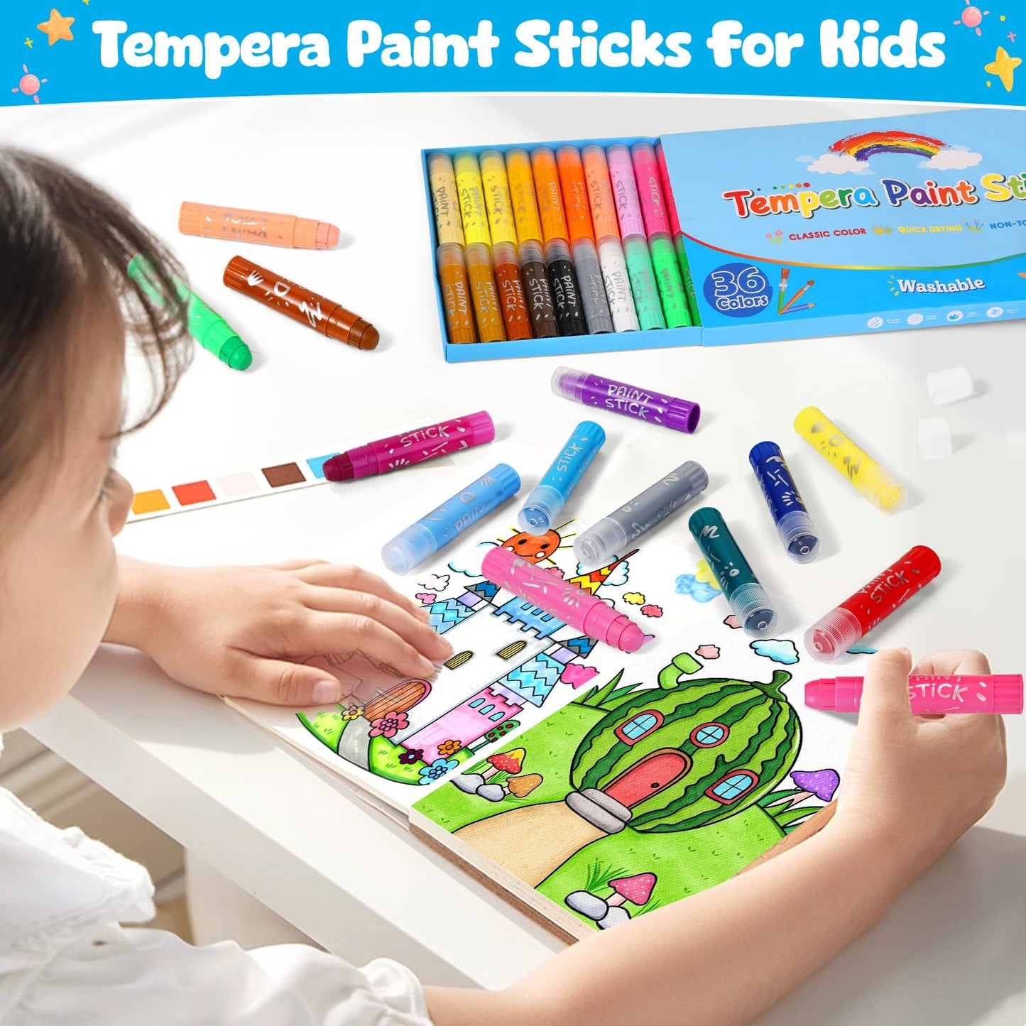 DUCHONG Tempera Paint Sticks for Kids – 36 Colors, Washable, Quick-Dry Art Set