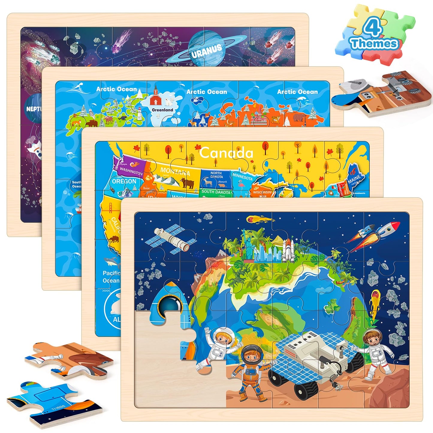 Duchong 4-Pack Wooden Puzzles for Kids 4–6 | USA Map, World Map, Earth & Solar System (24 Pcs)