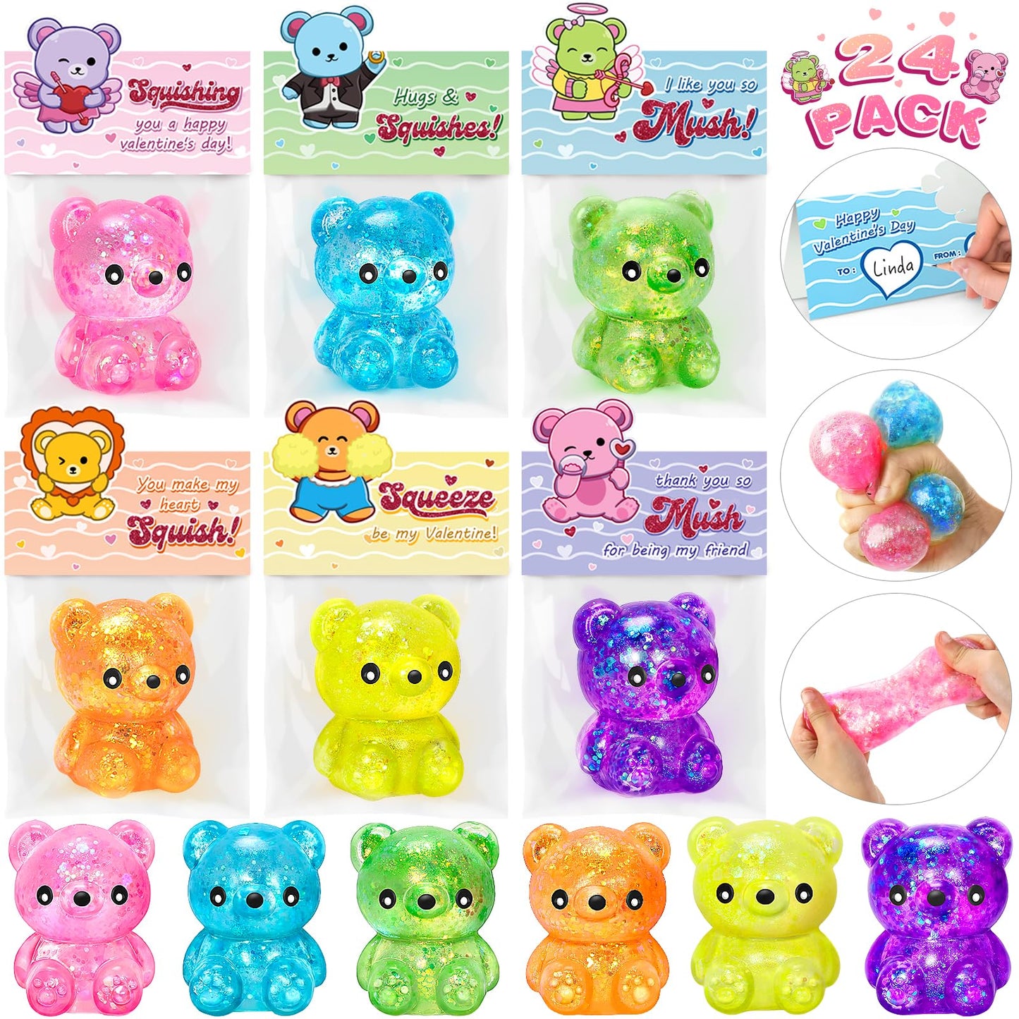 Duchong Valentines Day Cards for Kids – 24-Pack Bear Cards & Squeeze Bear Toys