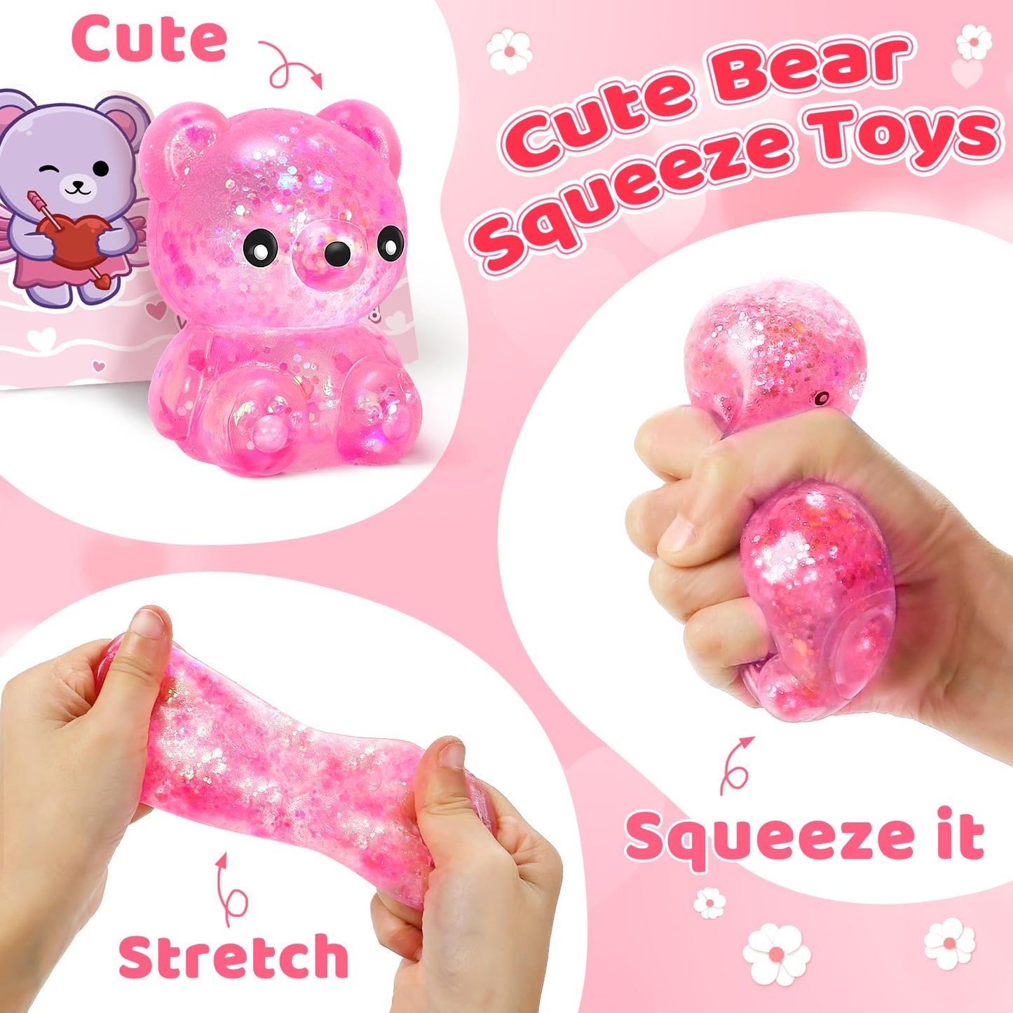 Duchong Valentines Day Cards for Kids – 24-Pack Bear Cards & Squeeze Bear Toys