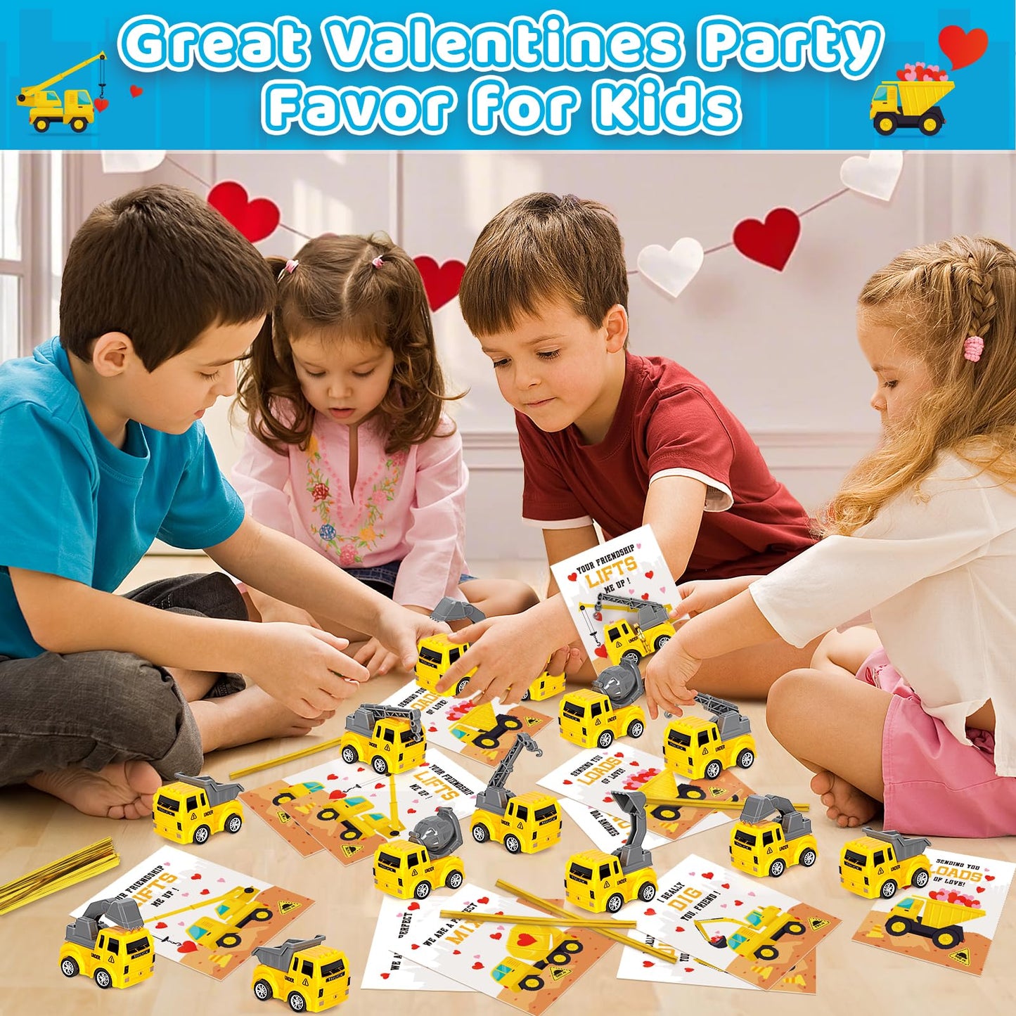 Duchong Valentines Day Cards for Kids – 24-Pack Construction Truck Cards