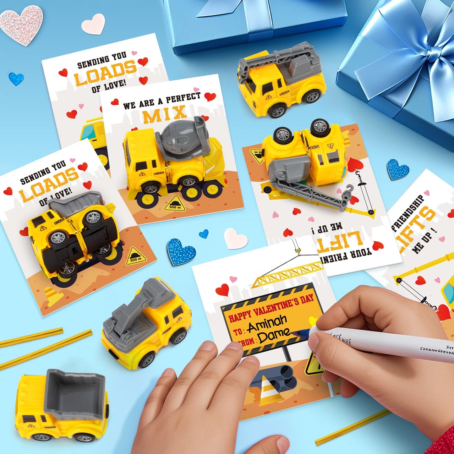 Duchong Valentines Day Cards for Kids – 24-Pack Construction Truck Cards