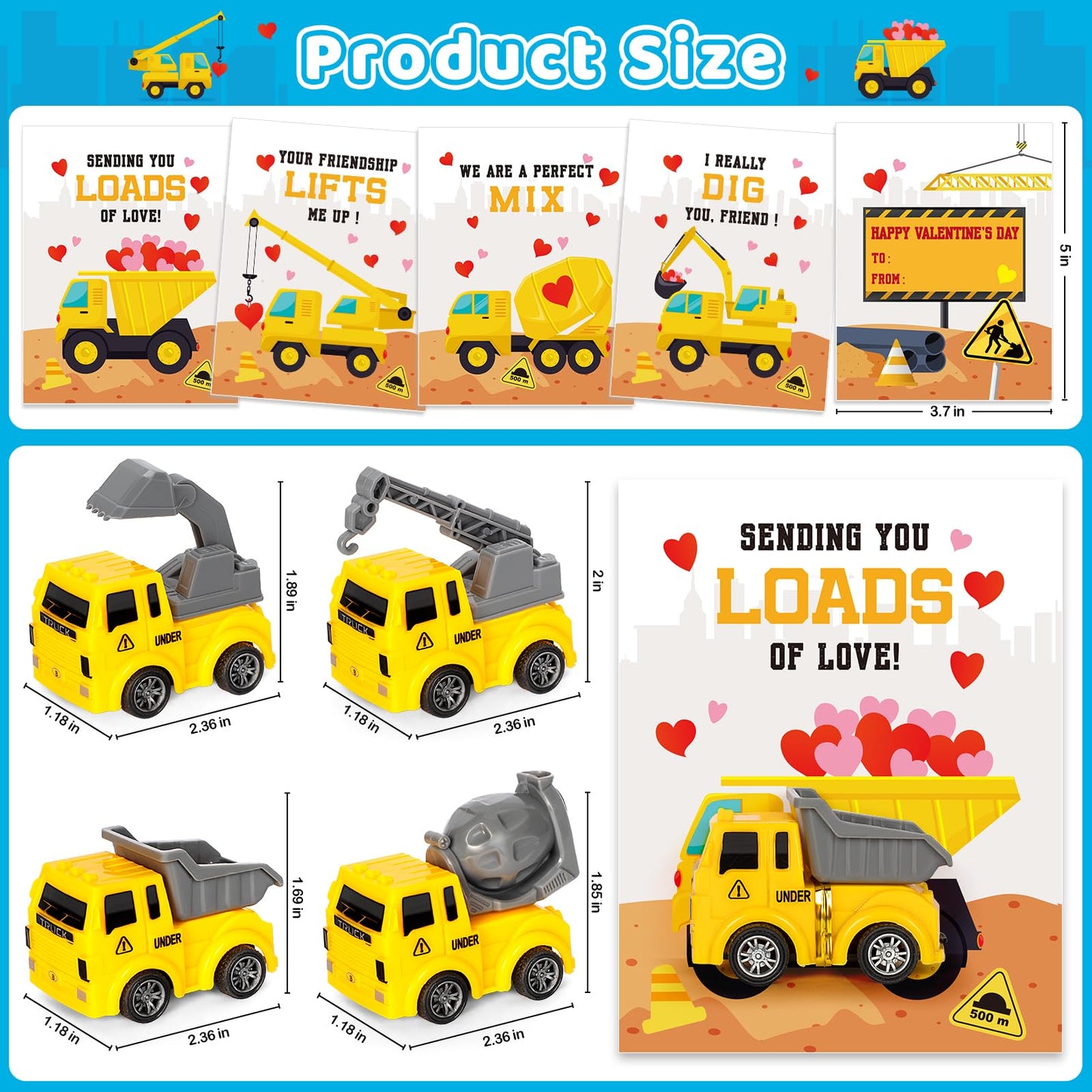 Duchong Valentines Day Cards for Kids – 24-Pack Construction Truck Cards