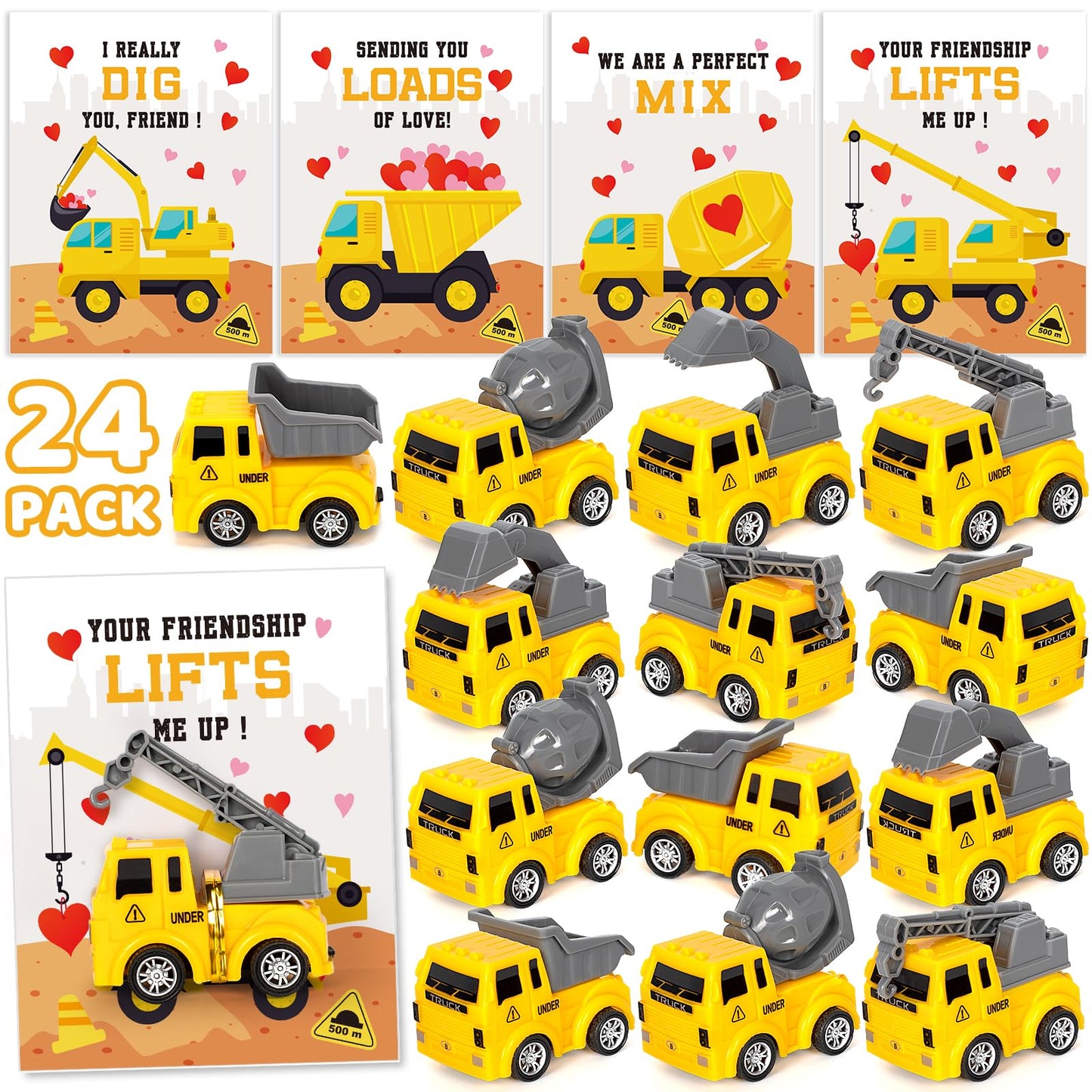 Duchong Valentines Day Cards for Kids – 24-Pack Construction Truck Cards