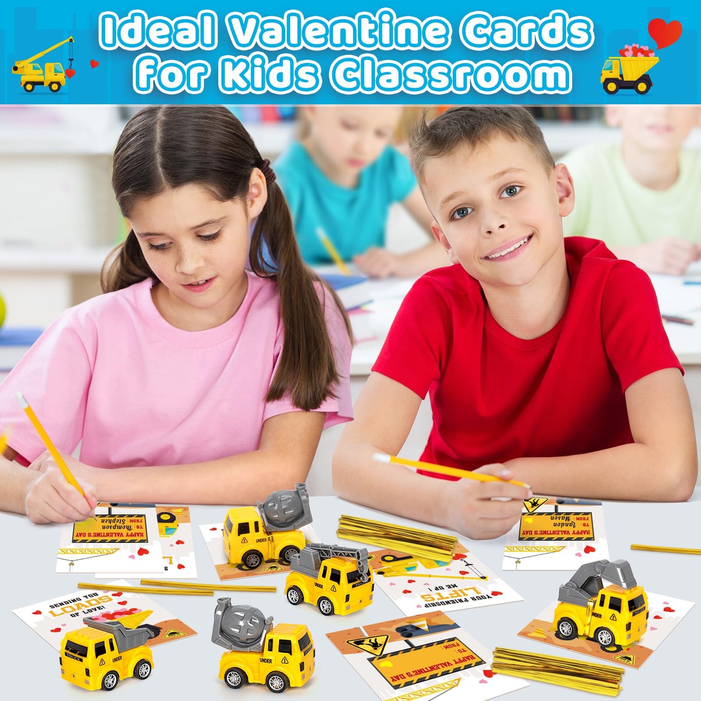 Duchong Valentines Day Cards for Kids – 24-Pack Construction Truck Cards
