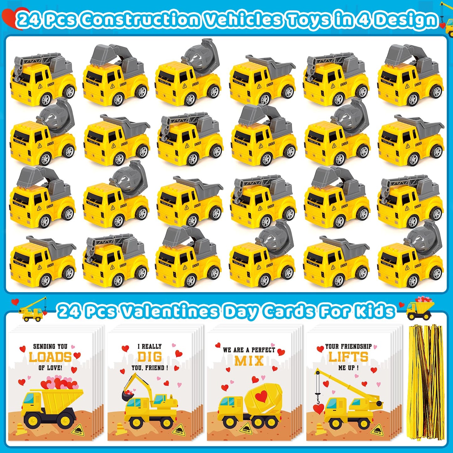 Duchong Valentines Day Cards for Kids – 24-Pack Construction Truck Cards