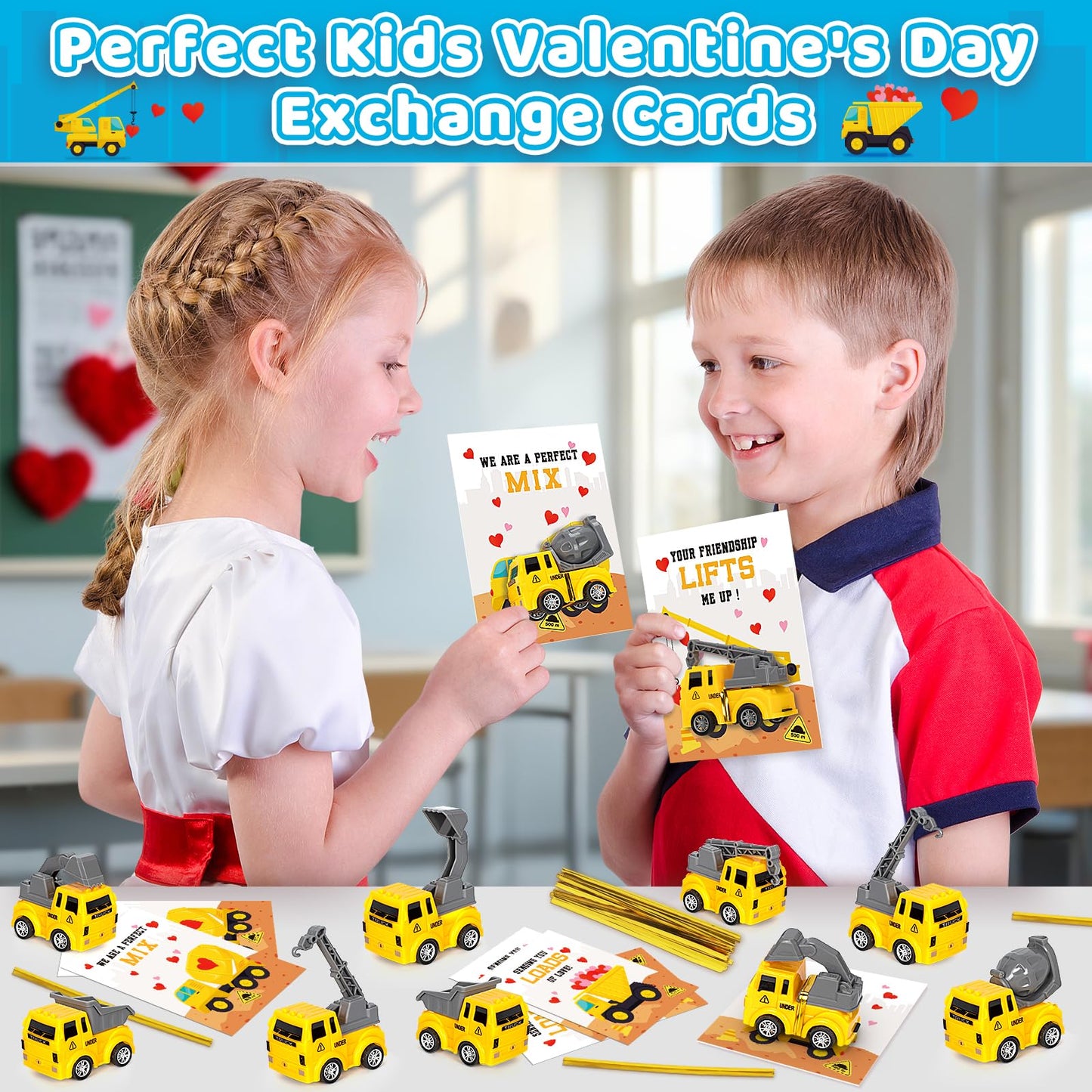 Duchong Valentines Day Cards for Kids – 24-Pack Construction Truck Cards