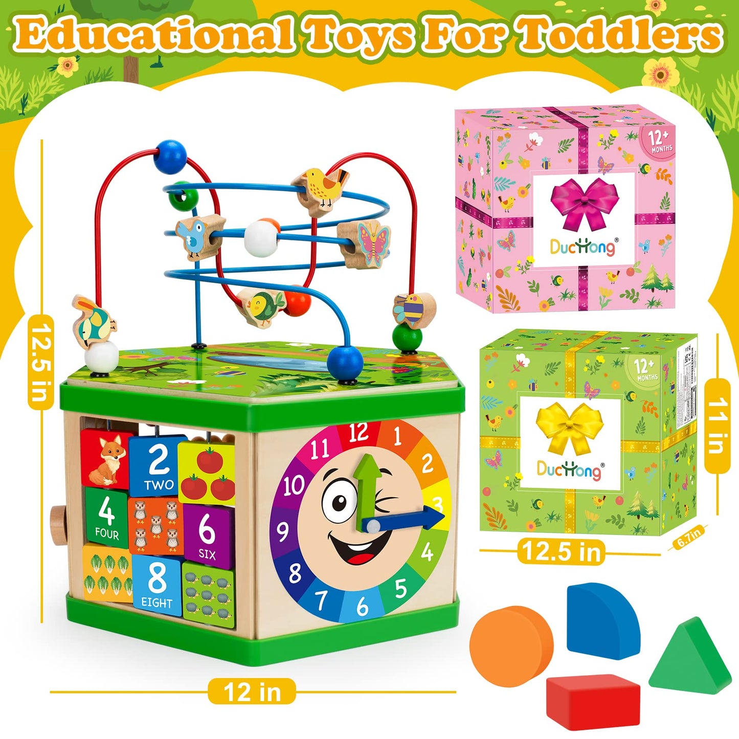 Duchong 7-in-1 Wooden Activity Cube for Toddlers – Montessori STEM Toy (Pink)