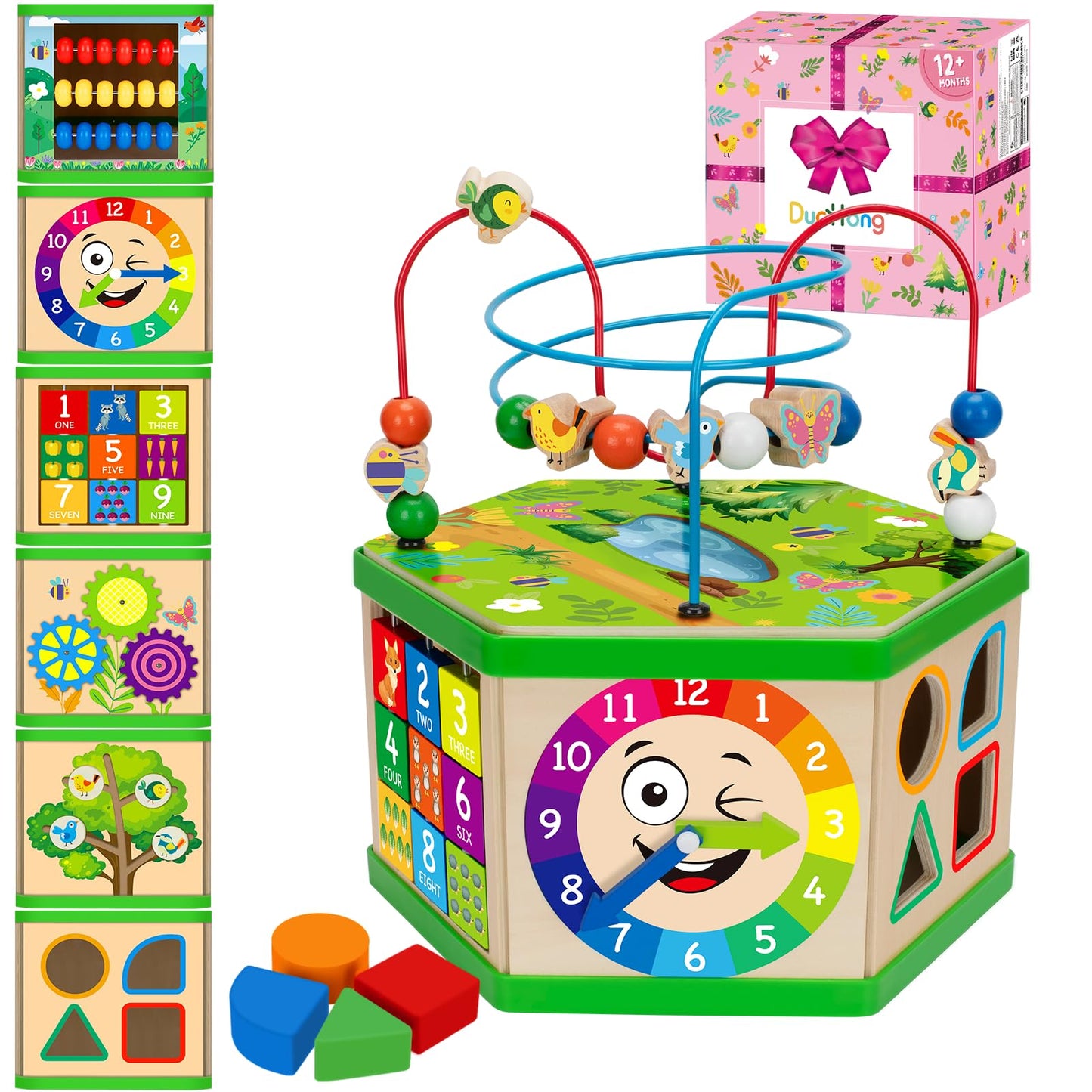 Duchong 7-in-1 Wooden Activity Cube for Toddlers – Montessori STEM Toy (Pink)