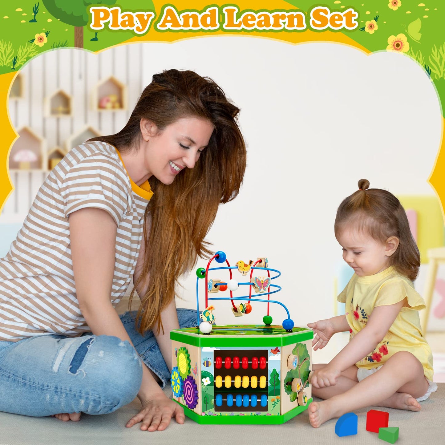 Duchong 7-in-1 Wooden Activity Cube for Toddlers – Montessori STEM Toy (Pink)