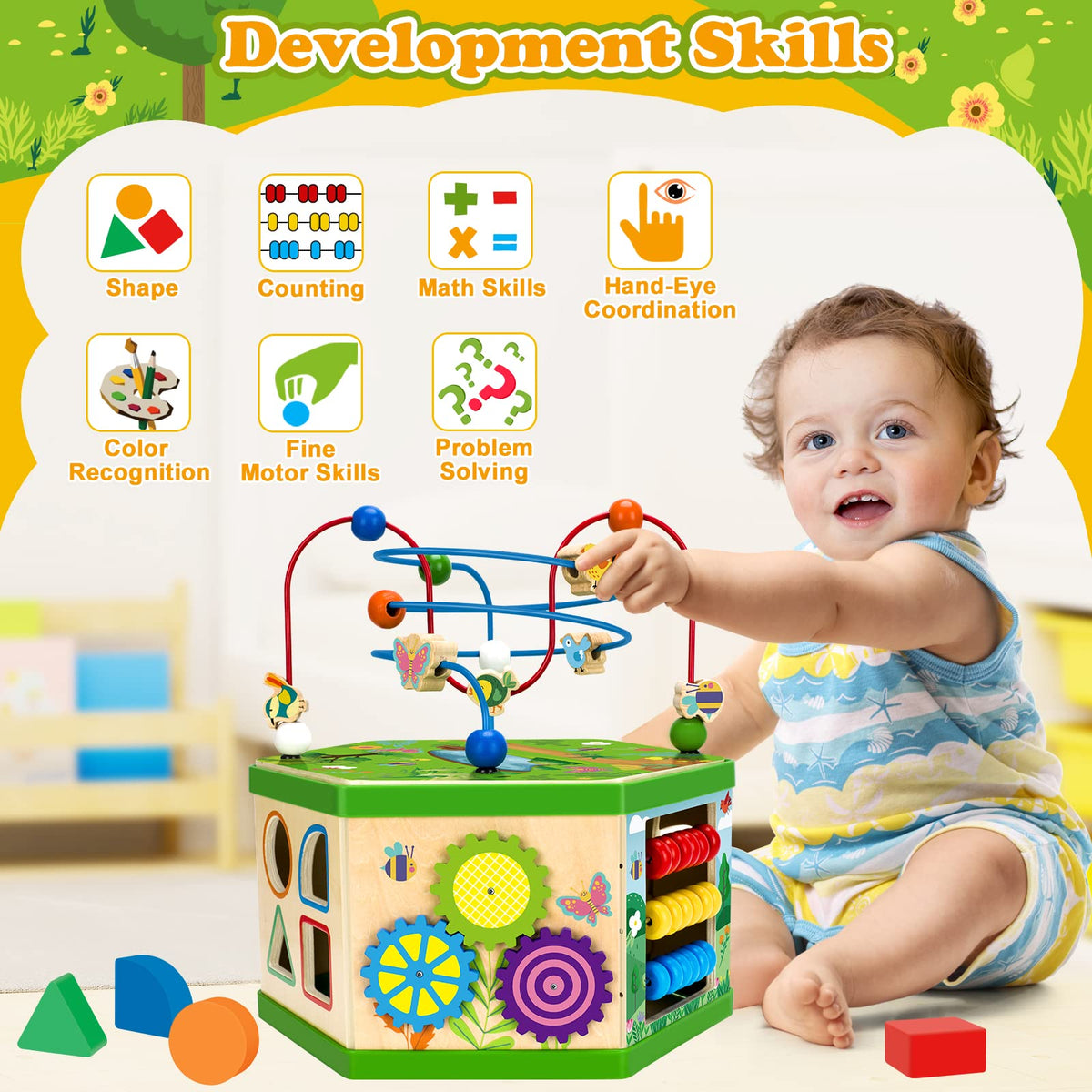 Duchong 7-in-1 Wooden Activity Cube for Toddlers – Montessori STEM Toy (Pink)