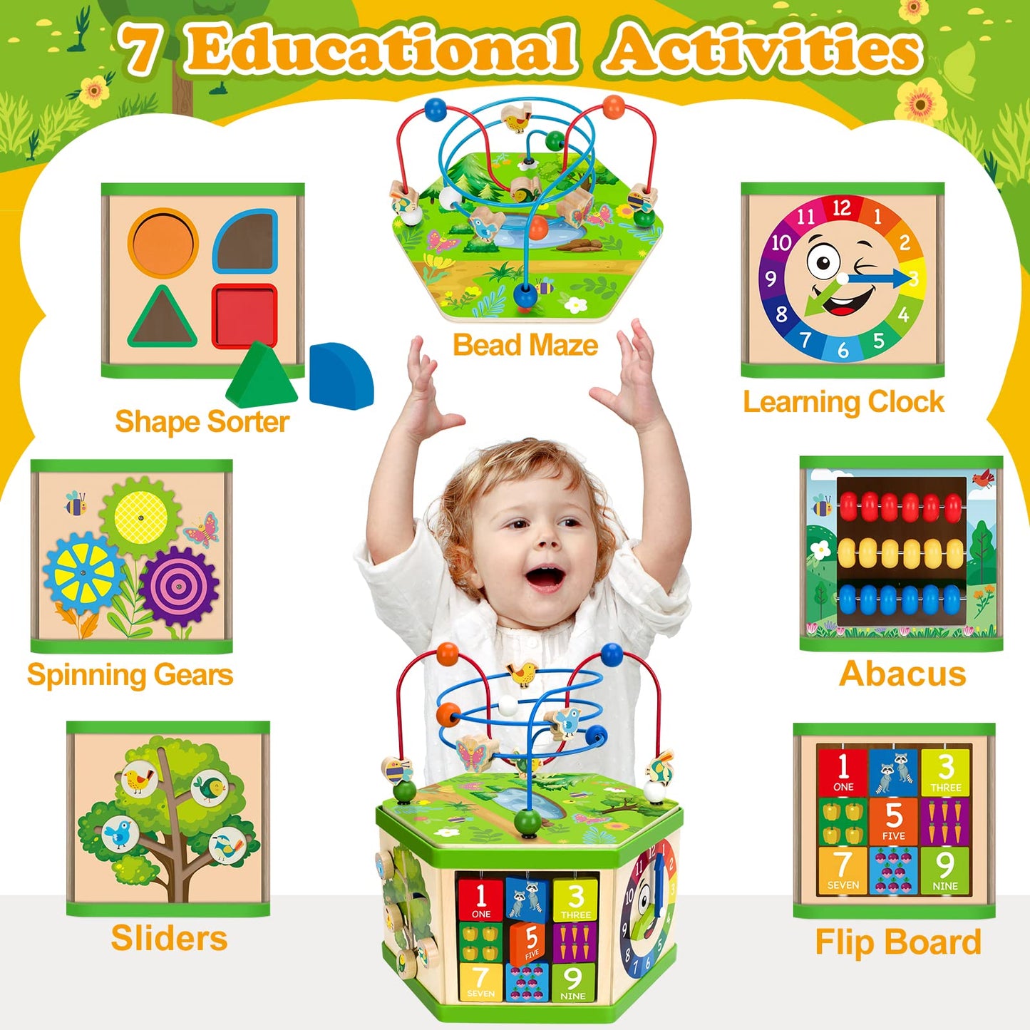 Duchong 7-in-1 Wooden Activity Cube for Toddlers – Montessori STEM Toy (Pink)