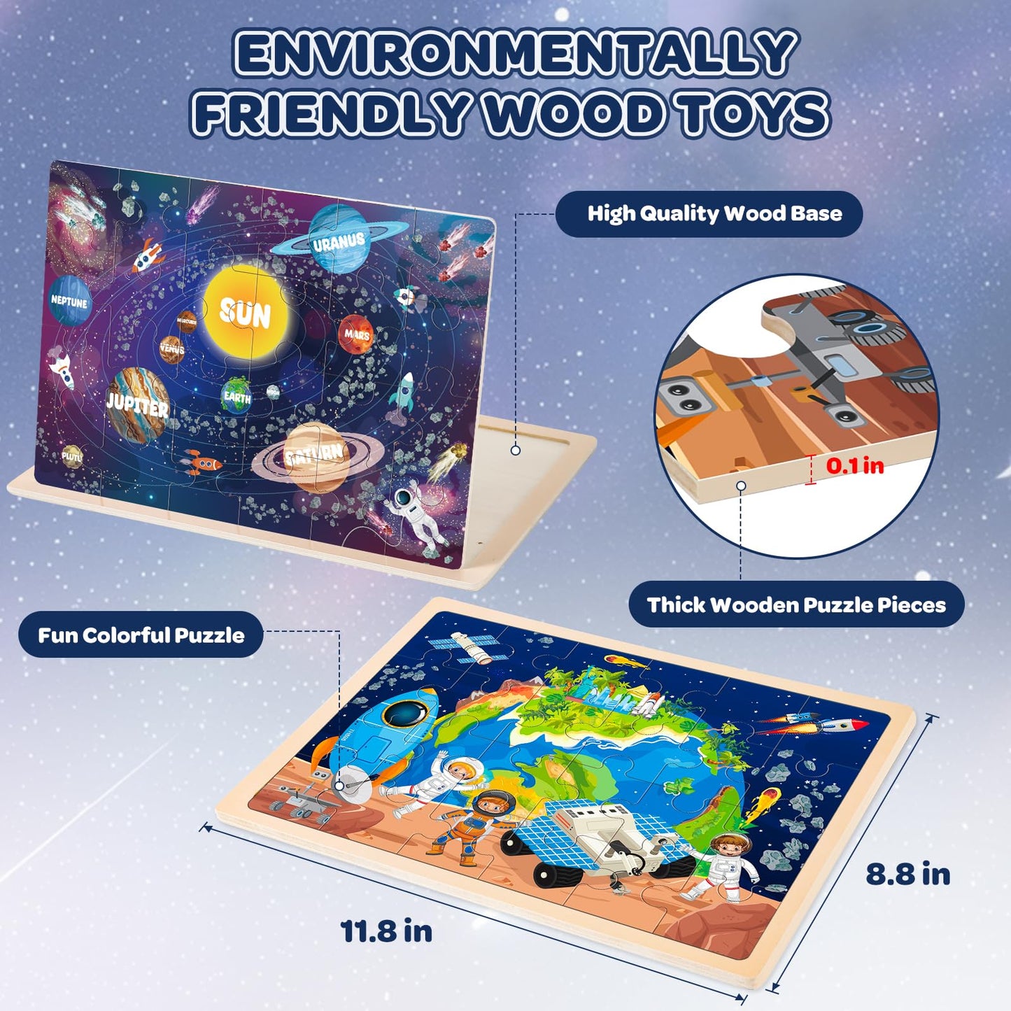 Duchong 4-Pack Wooden Puzzles for Kids 4–6 | USA Map, World Map, Earth & Solar System (24 Pcs)