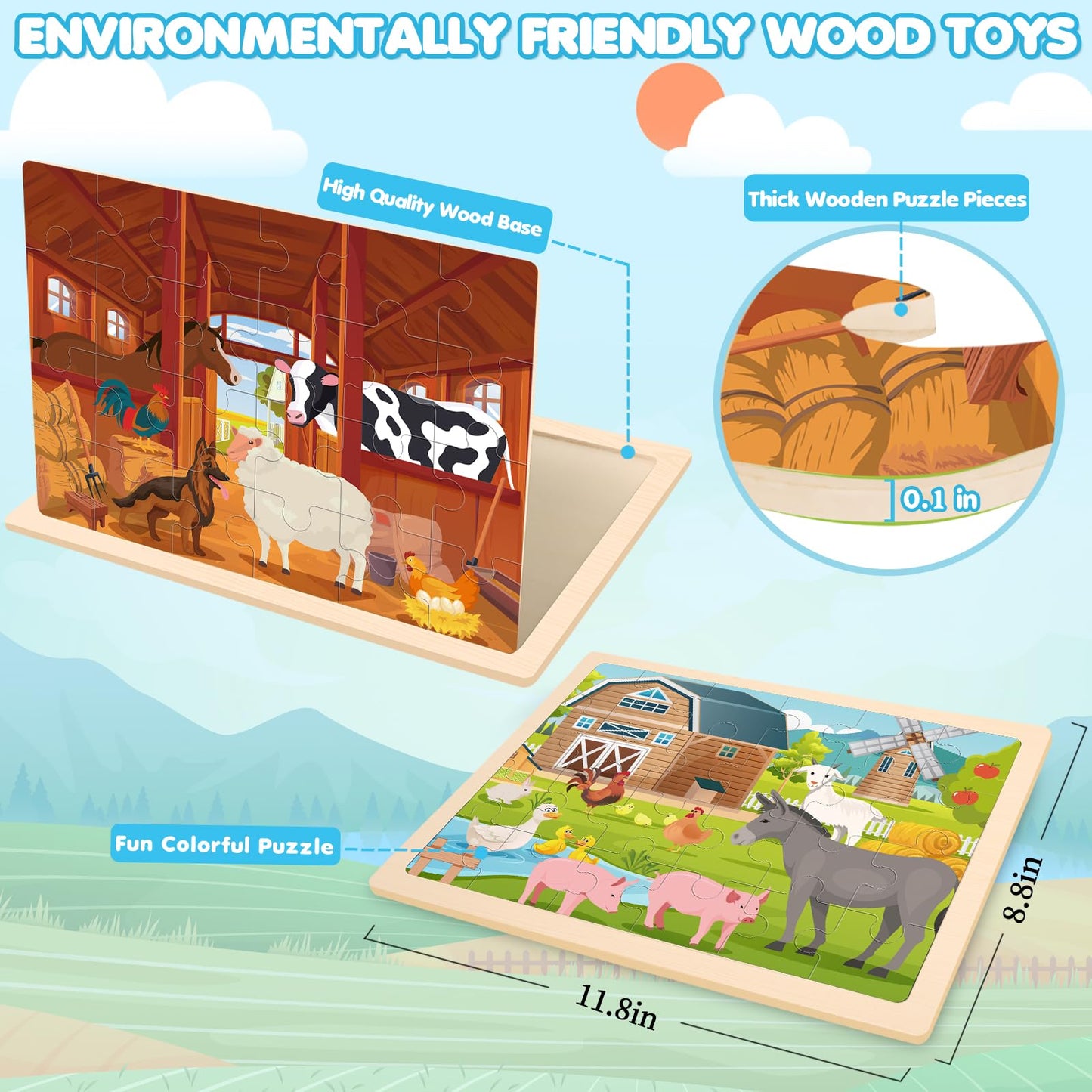 Duchong 4-in-1 Farm Wooden Puzzles for Kids | 24-Piece Jigsaw Set