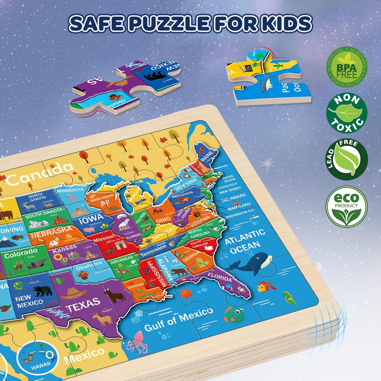Duchong 4-Pack Wooden Puzzles for Kids 4–6 | USA Map, World Map, Earth & Solar System (24 Pcs)