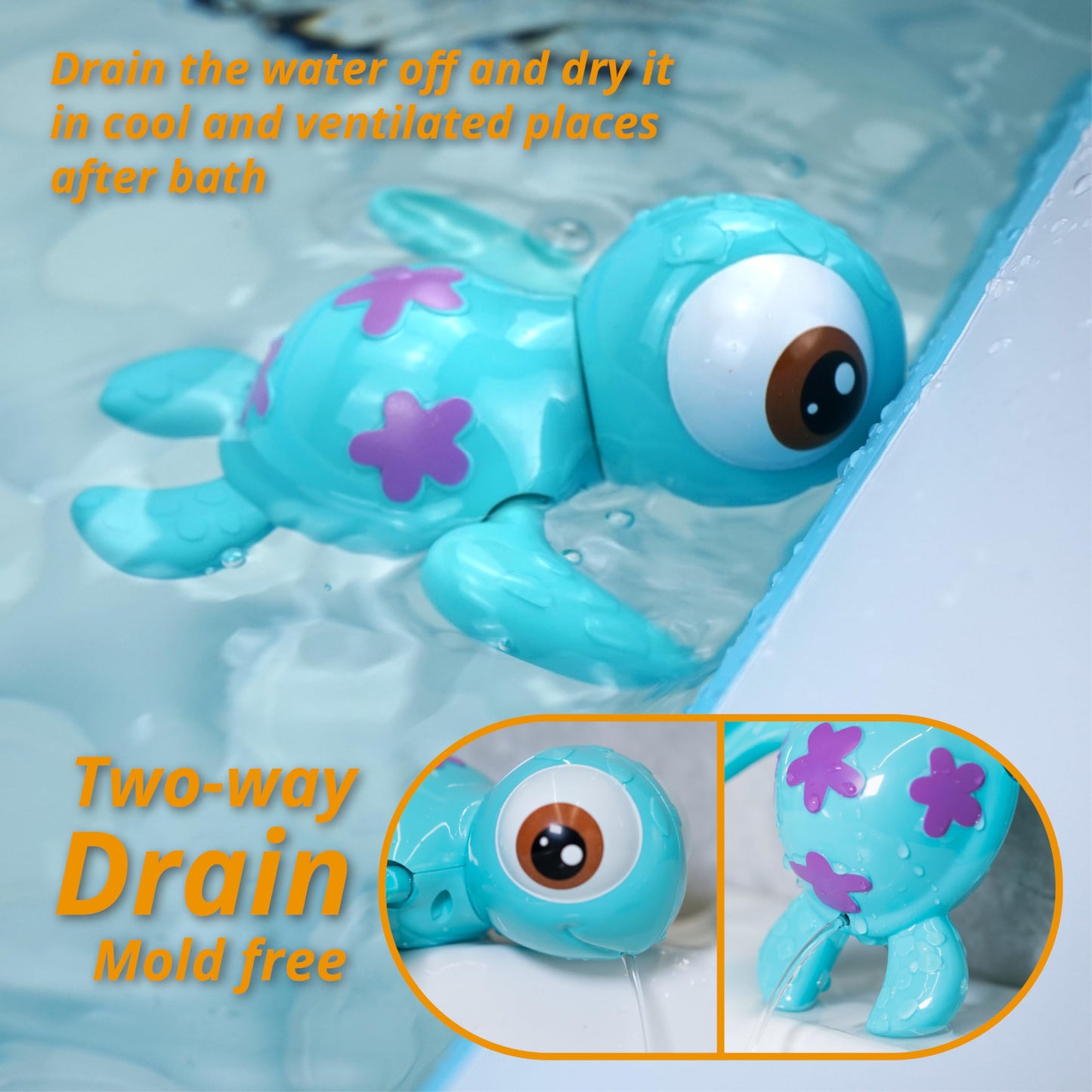 DUCKBOXX XX Wind-Up Sea Turtle Bath Toy – No Battery, Mold-Free Montessori Water Play (Blue)