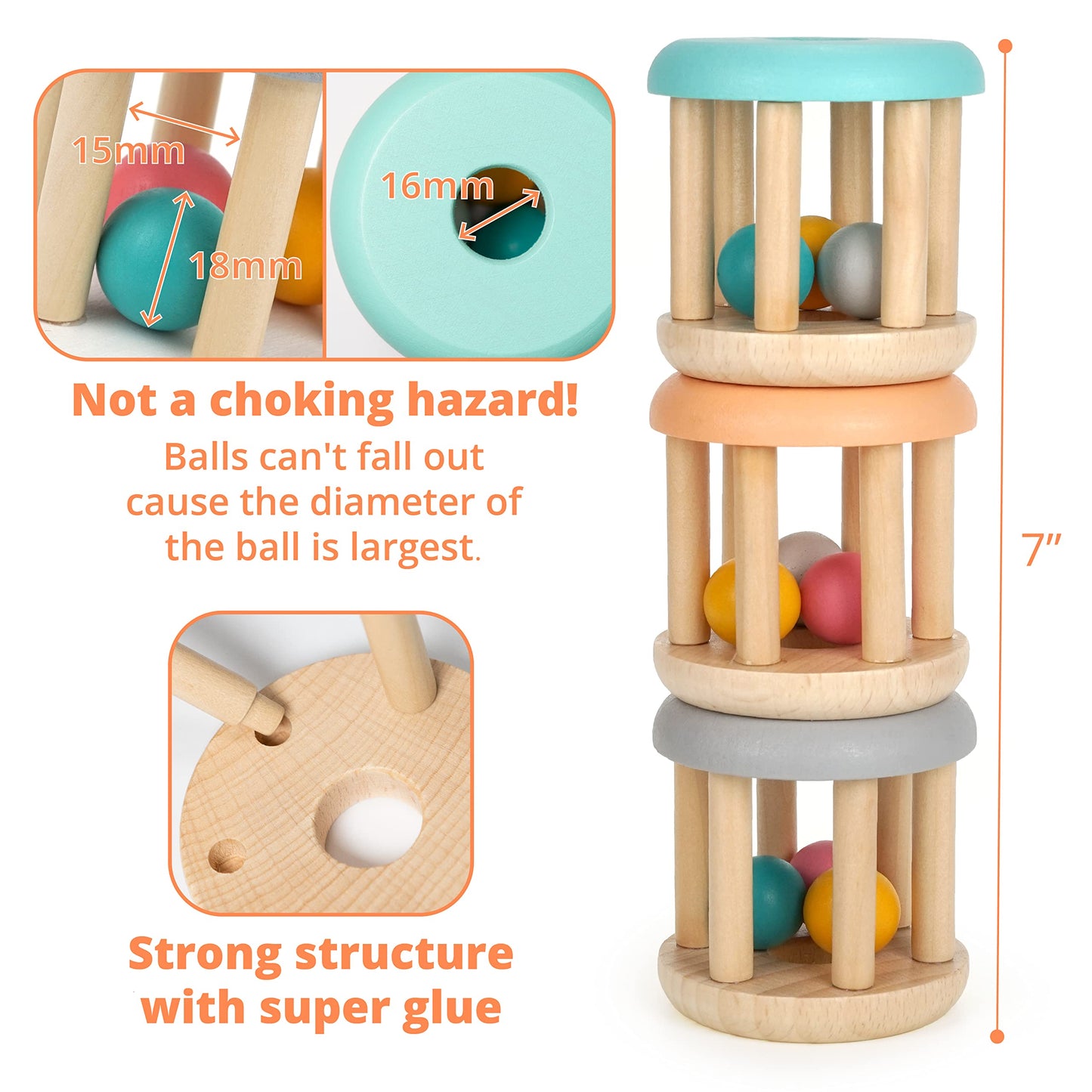 DUCKBOXX XX Montessori Infant Wooden Rattle Rollers – 3-Pack, Natural Beech Wood, 0m+