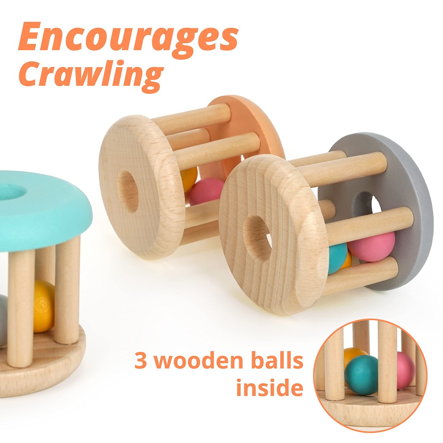 DUCKBOXX XX Montessori Infant Wooden Rattle Rollers – 3-Pack, Natural Beech Wood, 0m+