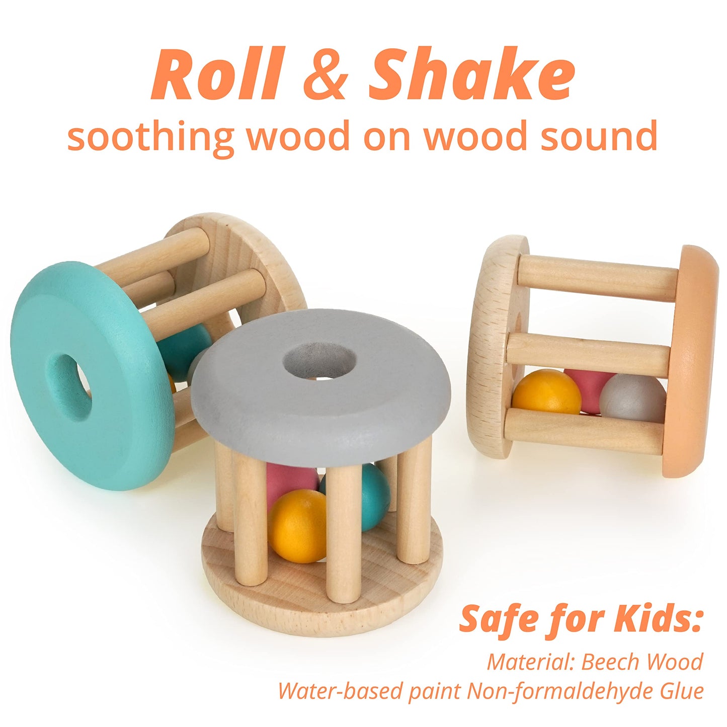 DUCKBOXX XX Montessori Infant Wooden Rattle Rollers – 3-Pack, Natural Beech Wood, 0m+